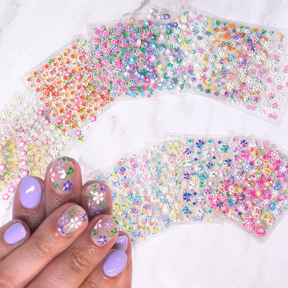 30 Sheets 3D Flower Nail Art Stickers - Self-Adhesive Nail Decals with Roses, Daisies & Cherry Blossoms - Pink Floral Nail Designs & Cute Heart Stickers for Acrylic Nails - Perfect for Salon, Home Manicures & Nail Art Enthusiasts