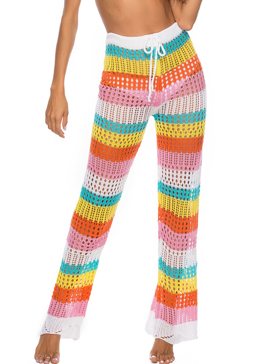 PEHMEA Women's Crochet Beach Pants - Hollow Out Rainbow Swimsuit Cover Up Trousers for Summer Vacation, Pool Party & Boho Fashion