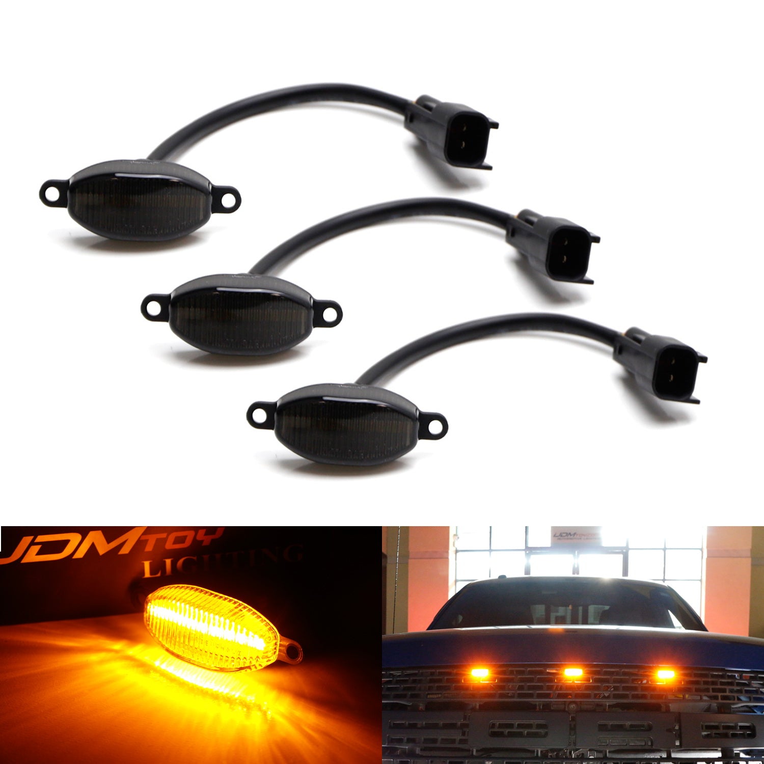3pcs Smoked 12 SMD Amber Yellow LED Front Grille Running Lights for Ford Raptor - Durable Off-Road Lighting for Trucks & SUVs, Perfect for Night Driving and Adventure Trips