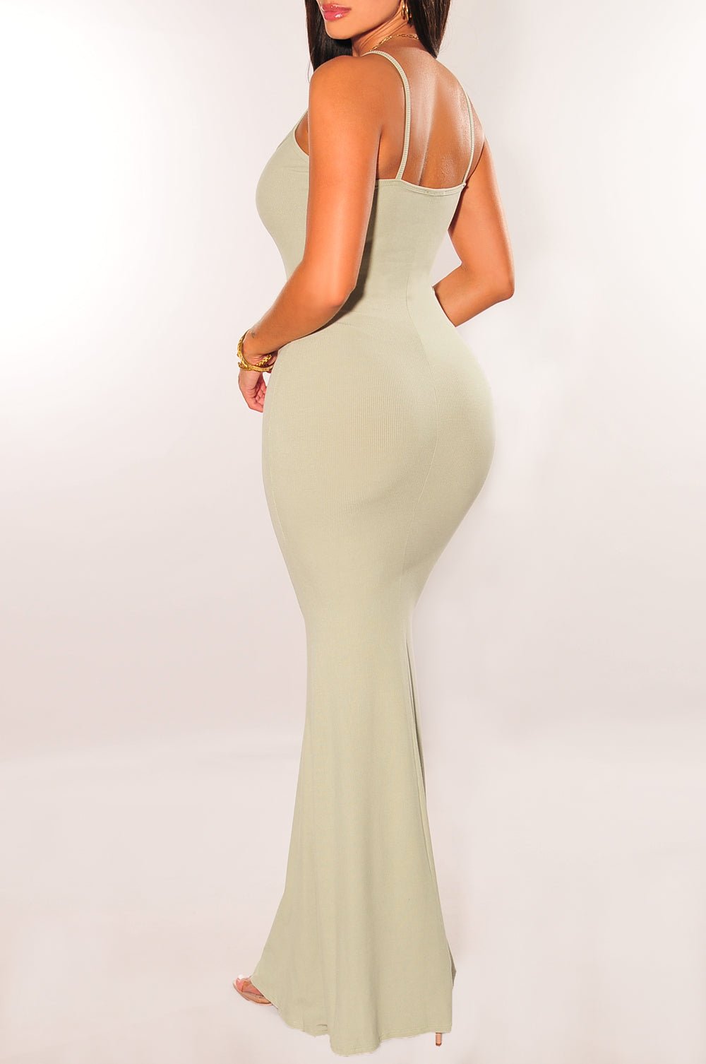 Elegant Sage Green Ribbed Spaghetti Strap Mermaid Dress for Women - Perfect for Evening Parties, Weddings & Special Occasions