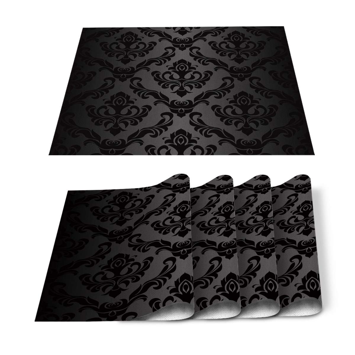 WARM TOUR Set of 4 Heat-Resistant Placemats - Elegant Damask Floral Pattern Washable Cotton Linen Table Mats for Dining & Kitchen - Black Tribal Style - Perfect for Dinner Parties, Holiday Gatherings & Everyday Use