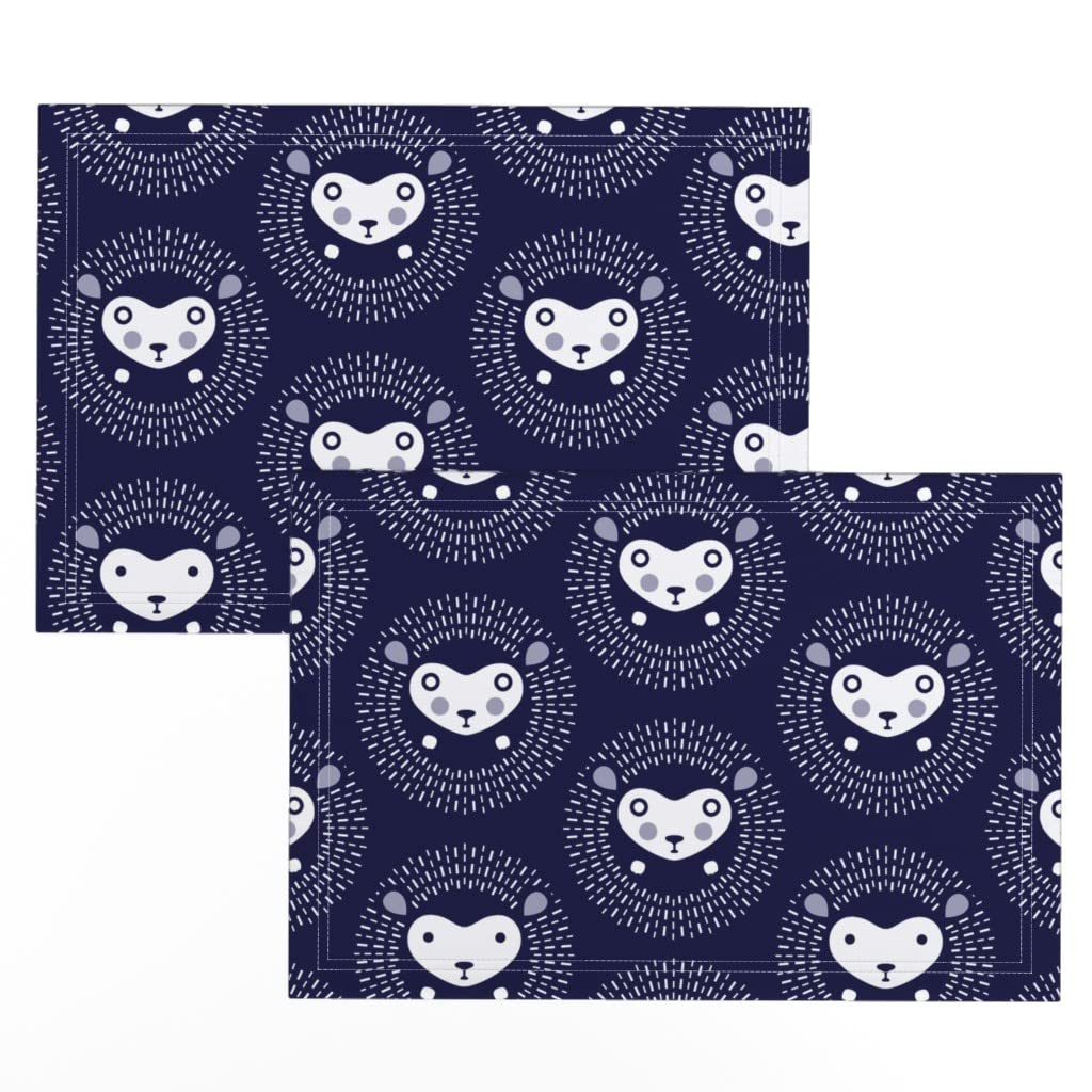Premium Linen Cotton Canvas Placemats Set of 2 - Hedgehog Polka Dot Indigo Animal Print Table Mats for Dining Room Decor, Kitchen Table Setting, and Party Dinner Accessories