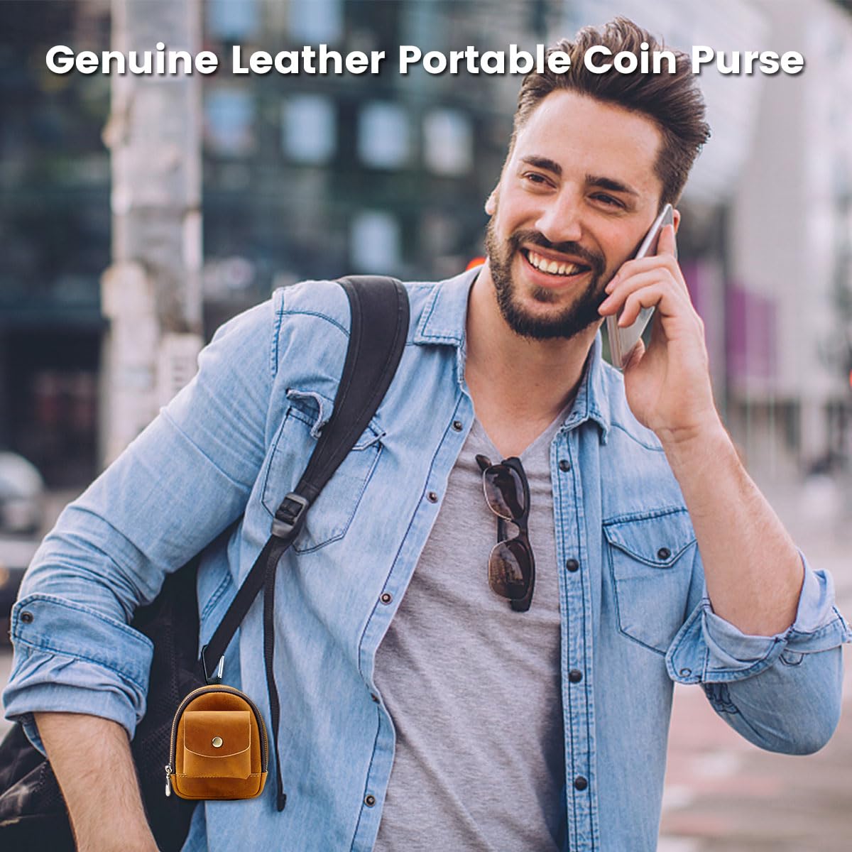 Soft Leather Coin Purse with Hook & 2 Pockets - Mini Wallet for Men & Women (Khaki) | Perfect for Travel, Shopping & Everyday Use