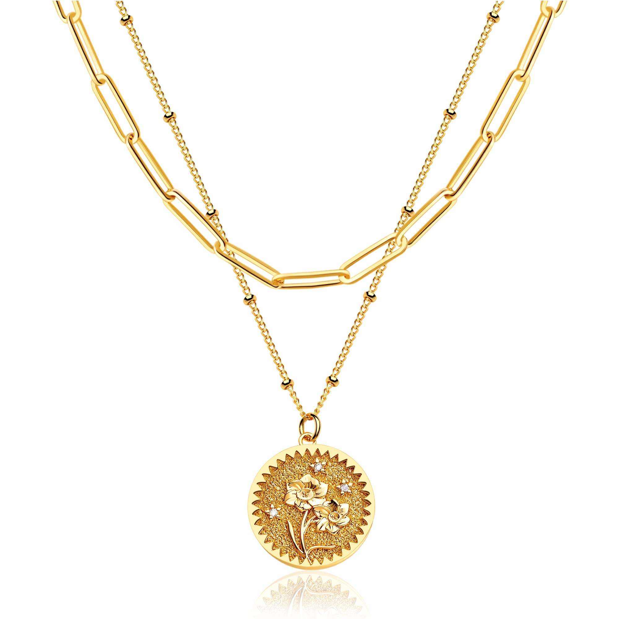 18K Gold Plated Custom Birth Flower Necklace for Women - Personalized Double Layered Engraved Floral Pendant with Dainty Birth Month Flower Disc - Perfect Gift for Anniversary, Birthday & Mother's Day Jewelry