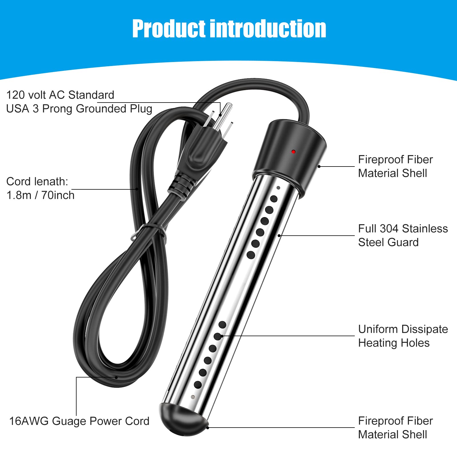 2000W 110V Portable Immersion Water Heater - Electric Pool & Bathtub Heater for Home, Outdoor, School Use | Fast Heating for Inflatable Pools, Basins & Bathrooms