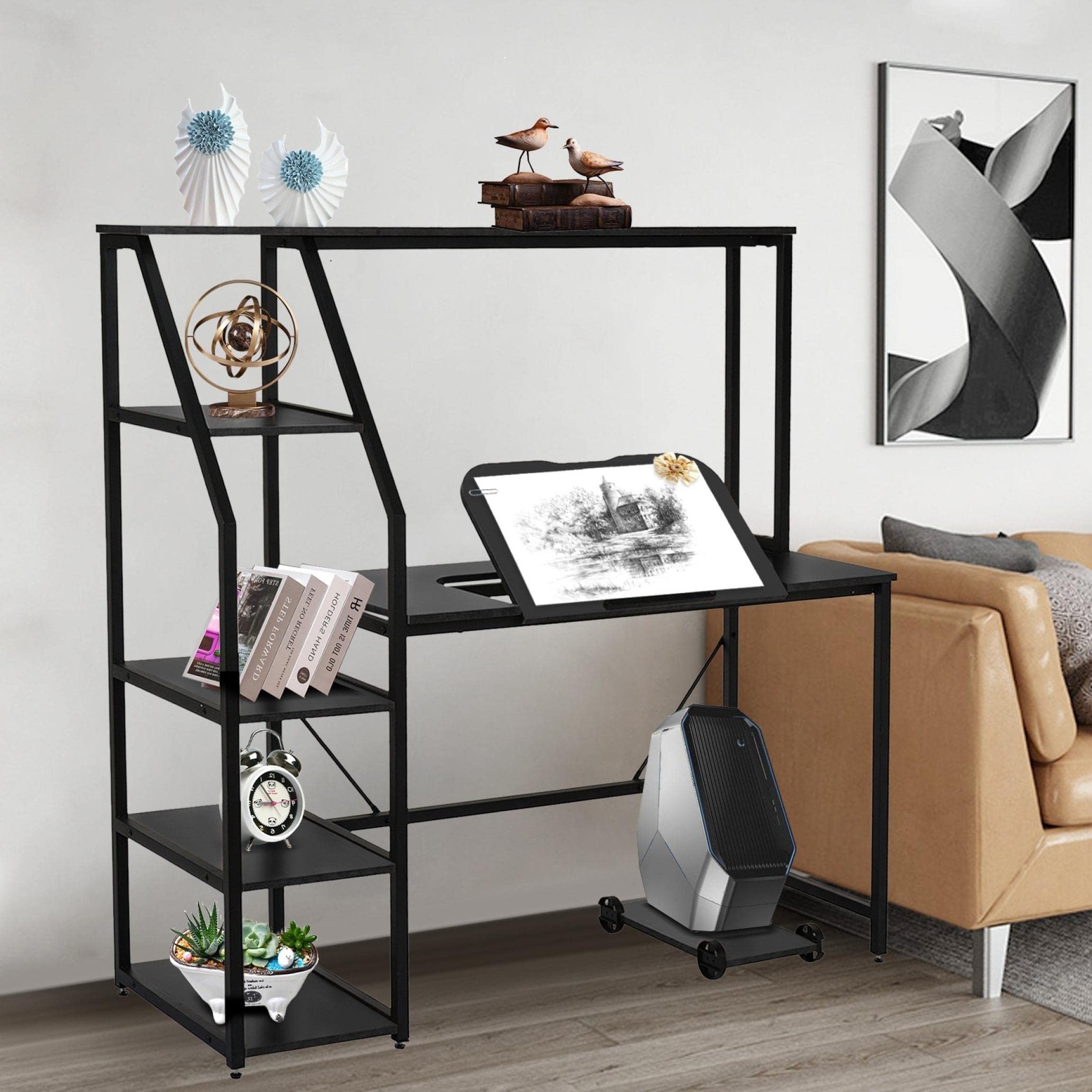 Adjustable Reversible Craft Desk with Tilting Desktop - Drafting Drawing Table, Writing Desk, Computer Workstation with Non-Slip Bar & Storage Shelves - Perfect for Artists, Students & Home Office (Black, Standard Size)