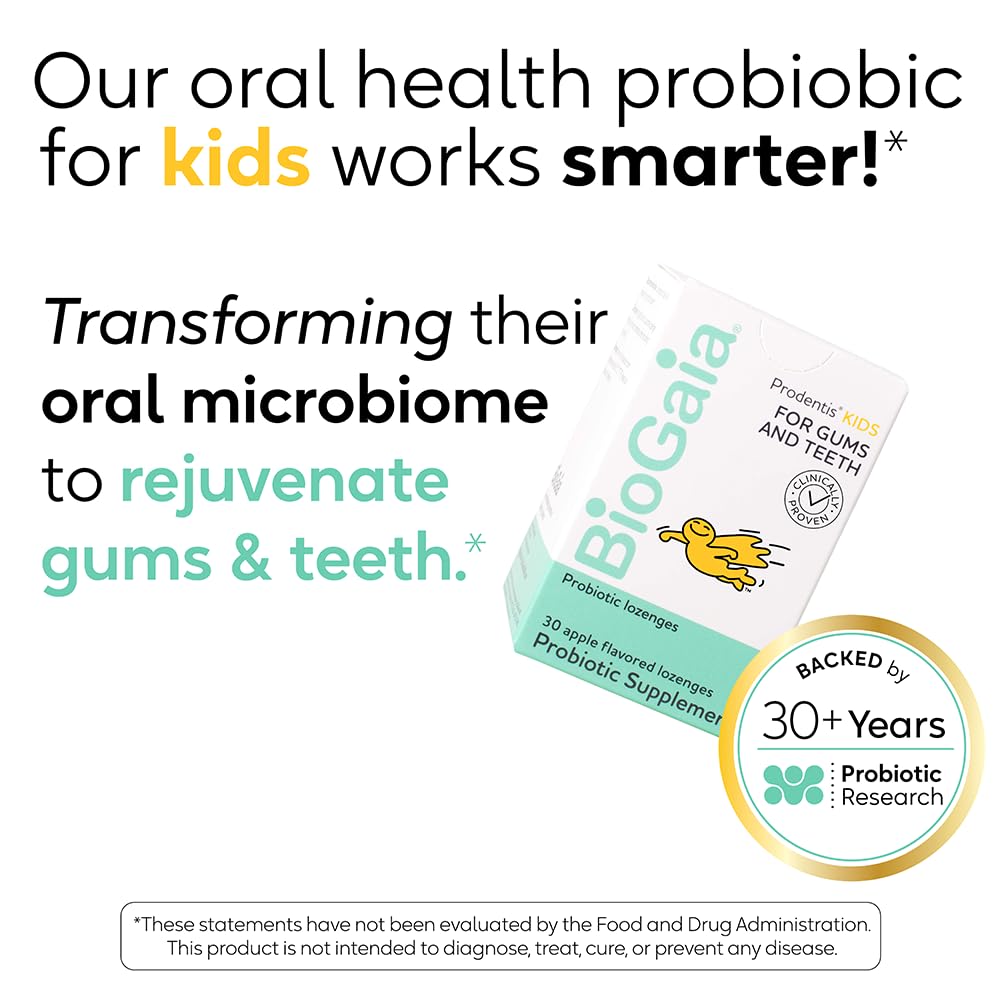 BioGaia Prodentis Kids Dental Probiotics - Apple-Flavored Lozenges for Teeth & Gum Health | Supports Oral & Gut Health | 30 Lozenges per Pack | Ideal for Children's Daily Oral Care Routine & Travel