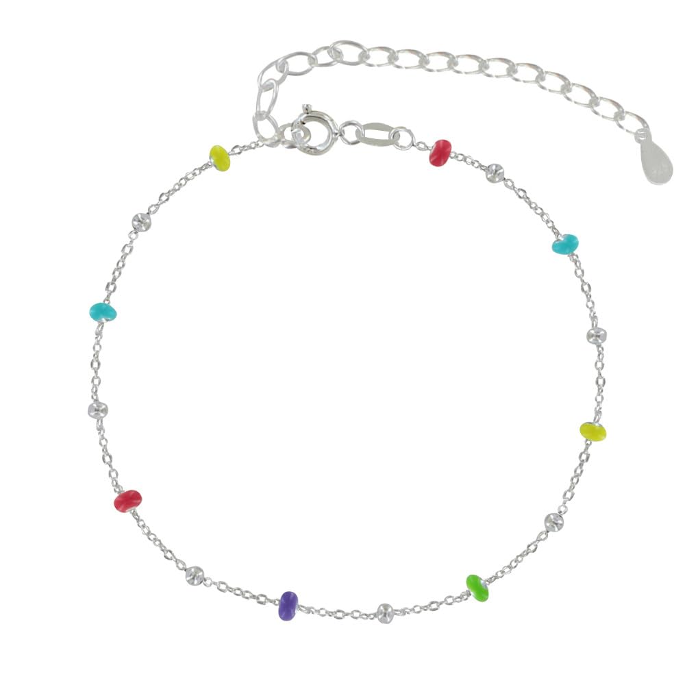 Sterling Silver Bracelet with Rainbow Enamel & Silver Beads - Dainty Adjustable Bangle for Women - Perfect for Everyday Wear, Gifts & Special Occasions
