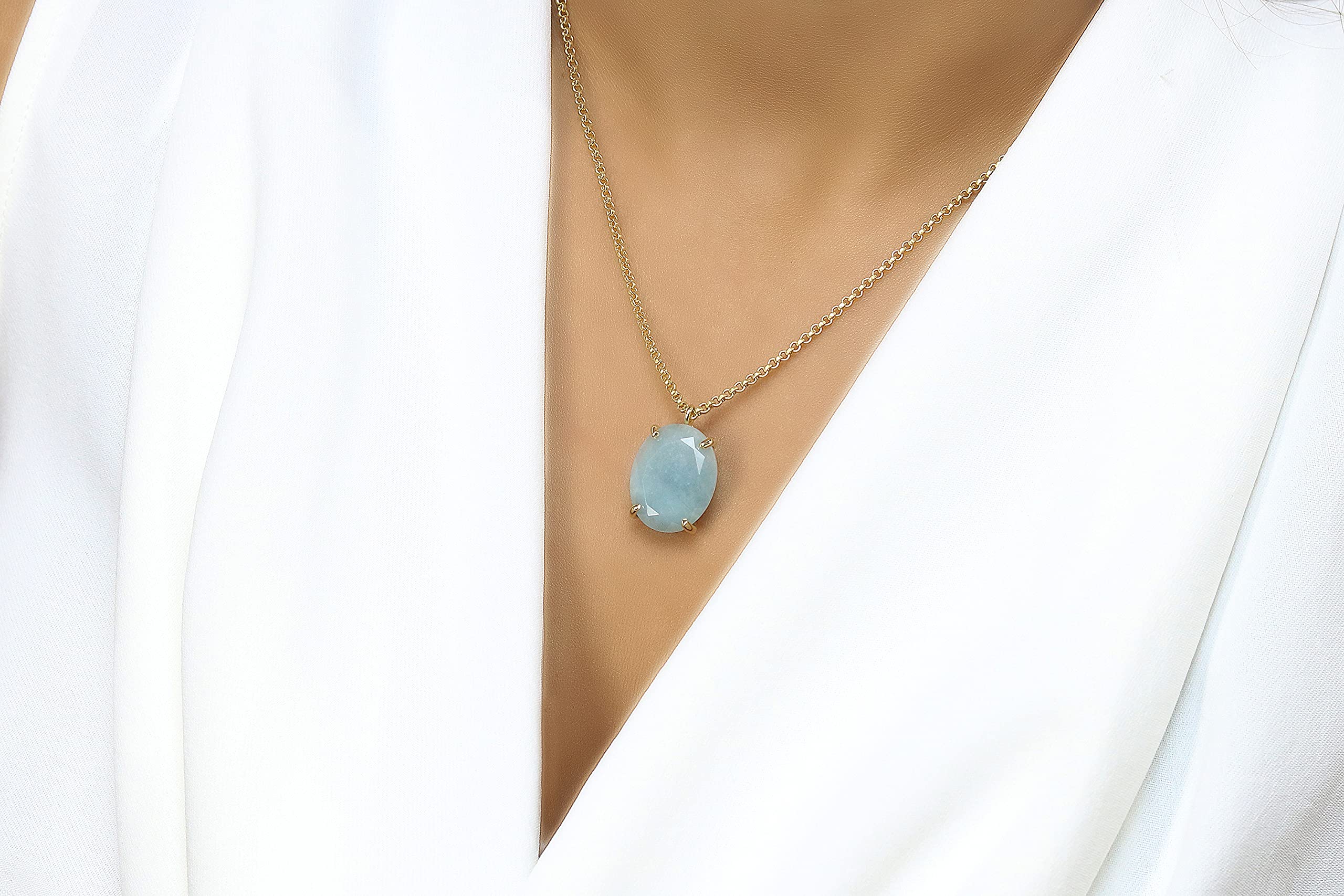 Anemone Jewelry Aquamarine Necklace - Elegant Oval Gemstone Pendant Necklace for Women - Customizable Length, Perfect for Bridal, Birthstone & Fashion Jewelry Gifts - Ideal for Weddings, Anniversaries & Everyday Wear