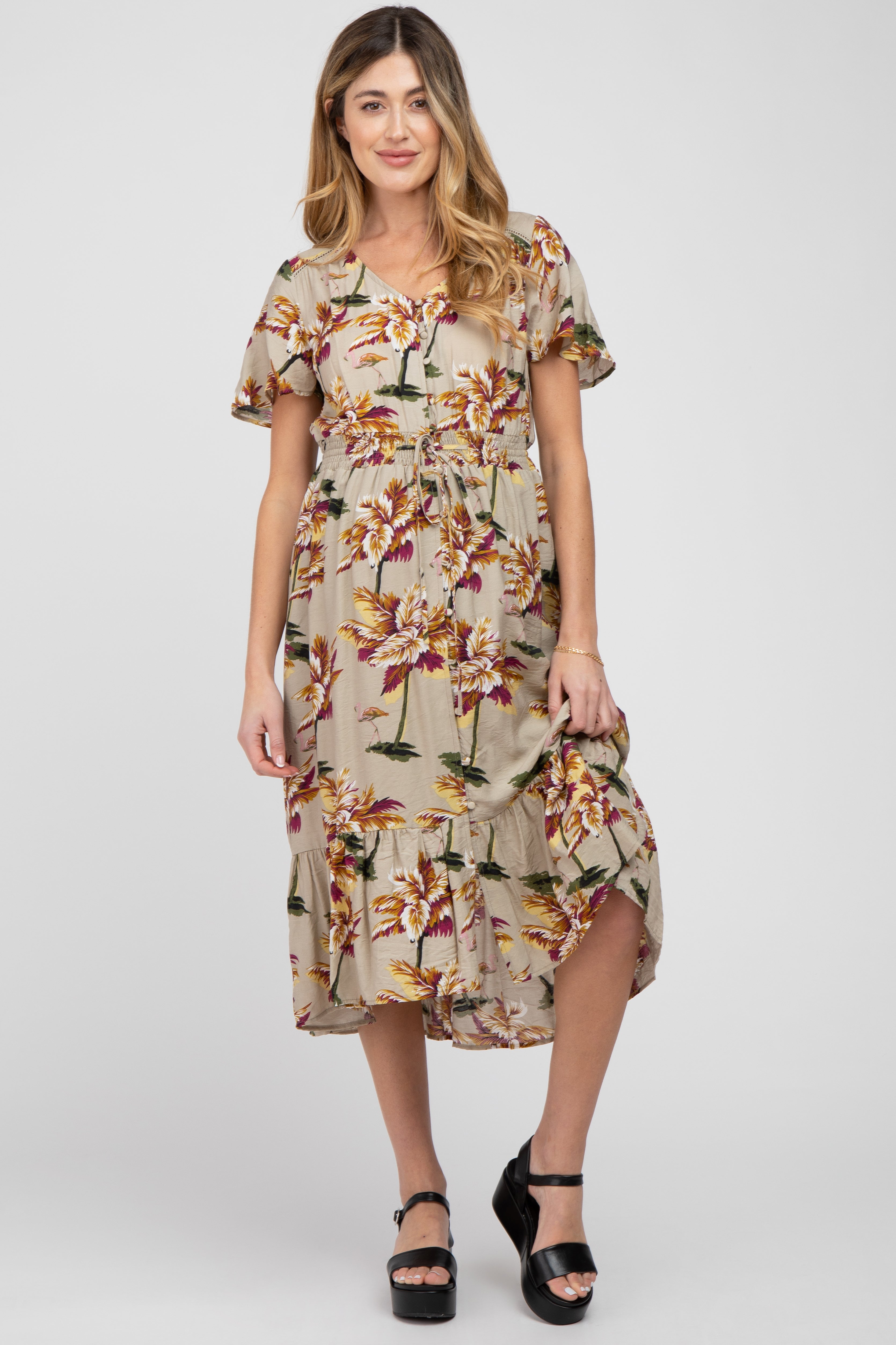 Beige Floral Button Maternity Midi Dress for Pregnancy - Comfortable Stretchy Nursing Dress for Women, Perfect for Baby Shower, Maternity Photo Shoot & Everyday Wear