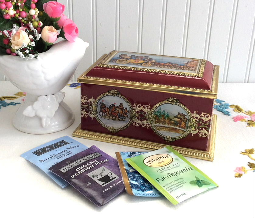 Vintage 1960s English Coaching Scenes Tea Tin - Red & Gold Treasure Chest Biscuit Canister | Collectible Antique Tea Storage & Home Decor