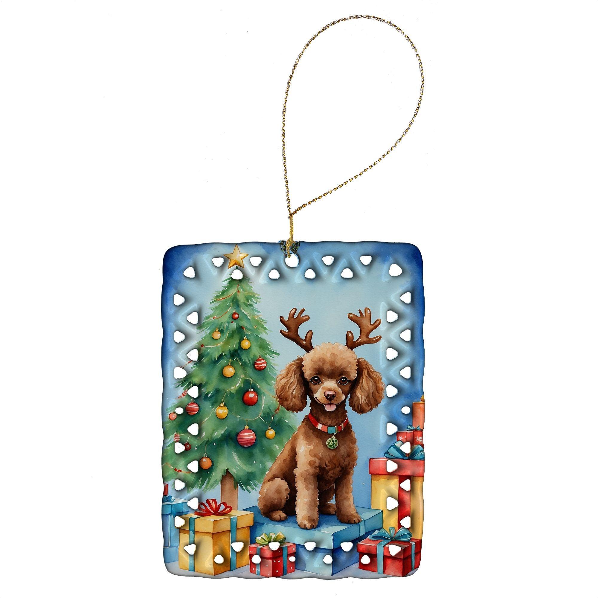 Christmas Reindeer Porcelain Ornament - Chocolate Toy Poodle Holiday Tree Decor, Rectangle Hanging Decoration for Home & Gifts (Multicolor) | Perfect for Christmas Tree Decorating, Holiday Party Favors & Festive Home Décor
