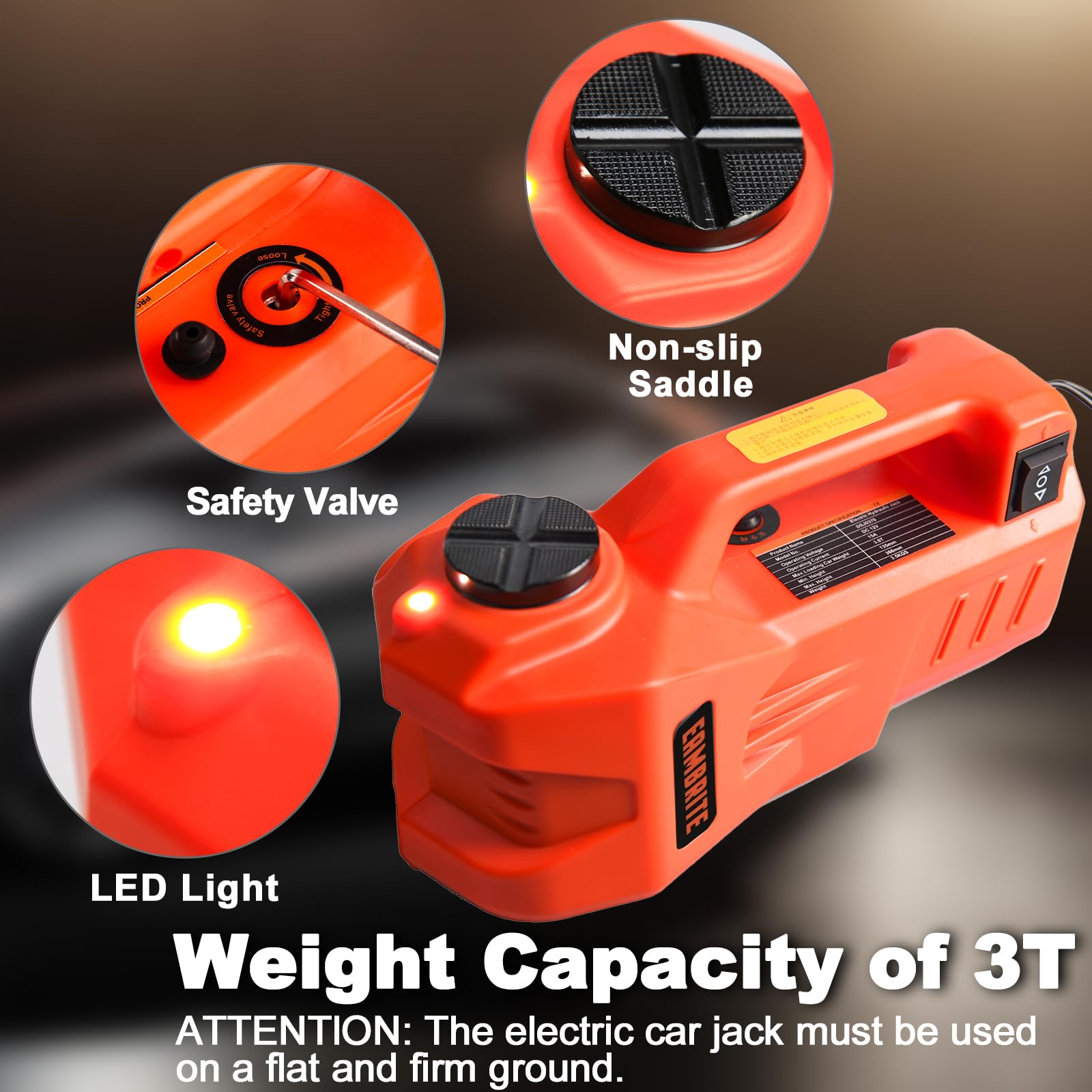 EAMBRITE 12V DC 3 Ton Electric Hydraulic Car Jack with LED Light - Heavy Duty Floor Jack for SUV, Sedan, RV (6.1-17.3 Inch Lift) - Perfect for Emergency Roadside Repairs & Garage Maintenance