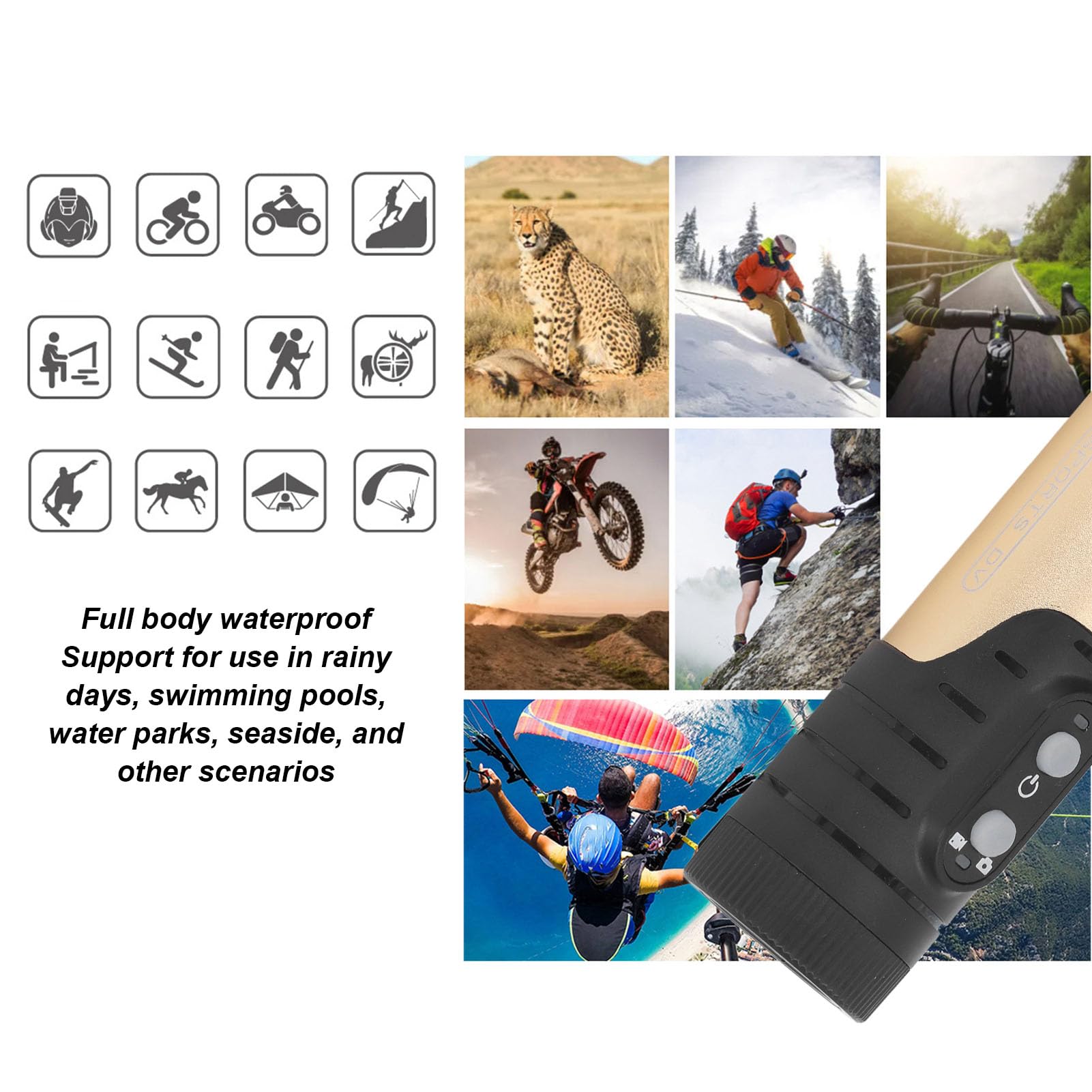 1080P HD Bike Helmet Camera with WiFi & Night Vision, 120° Wide Angle 12MP, Wireless App Control, Long Battery Life, Waterproof Cycling Action Camera for Motorcycle/Skiing/Snowboarding (Gold)