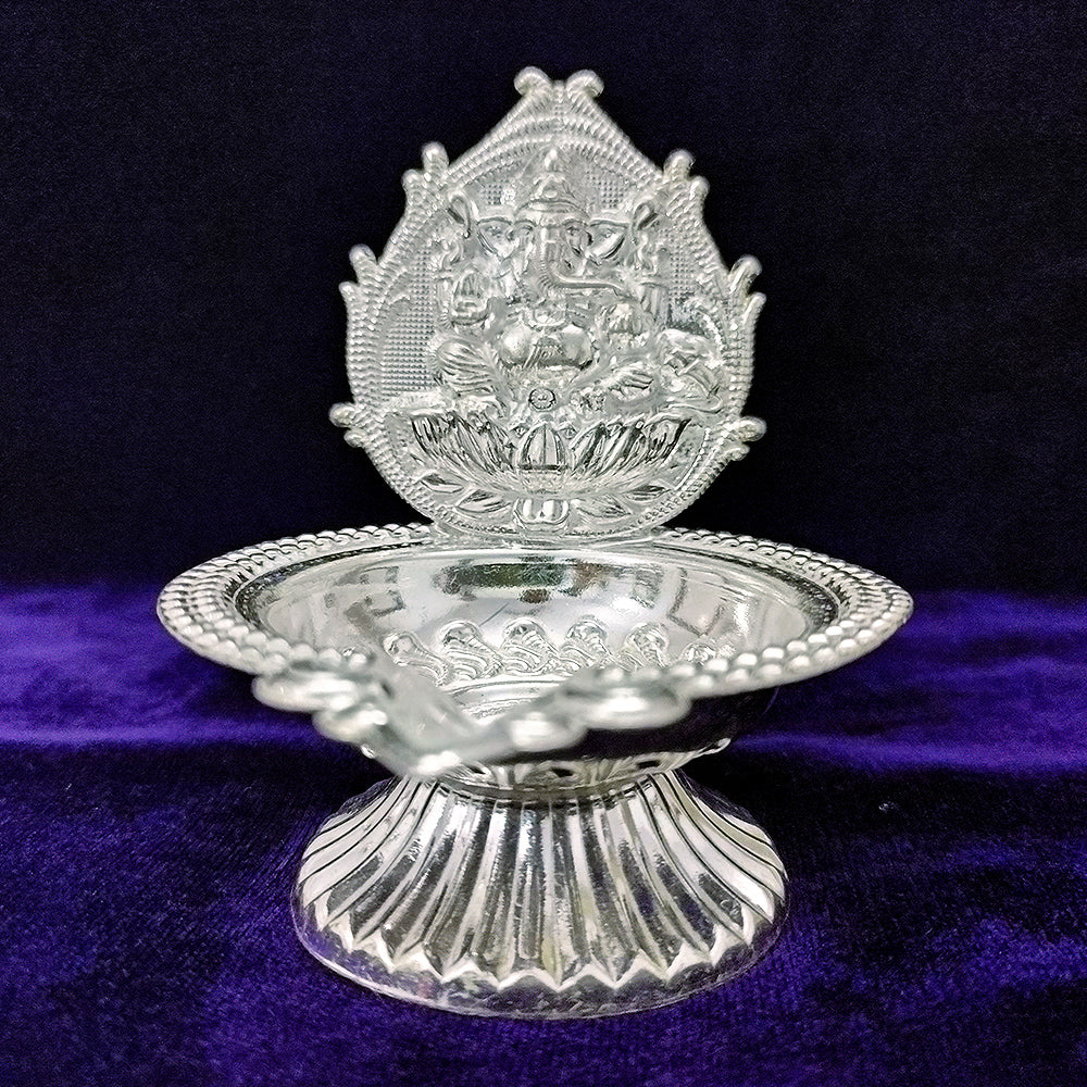 925 Sterling Silver Ganesha Diya for Hindu Pooja & Diwali Celebrations - Traditional Indian Oil Lamp for Home Altar, Wedding Decor & Spiritual Gifts (Design 57)