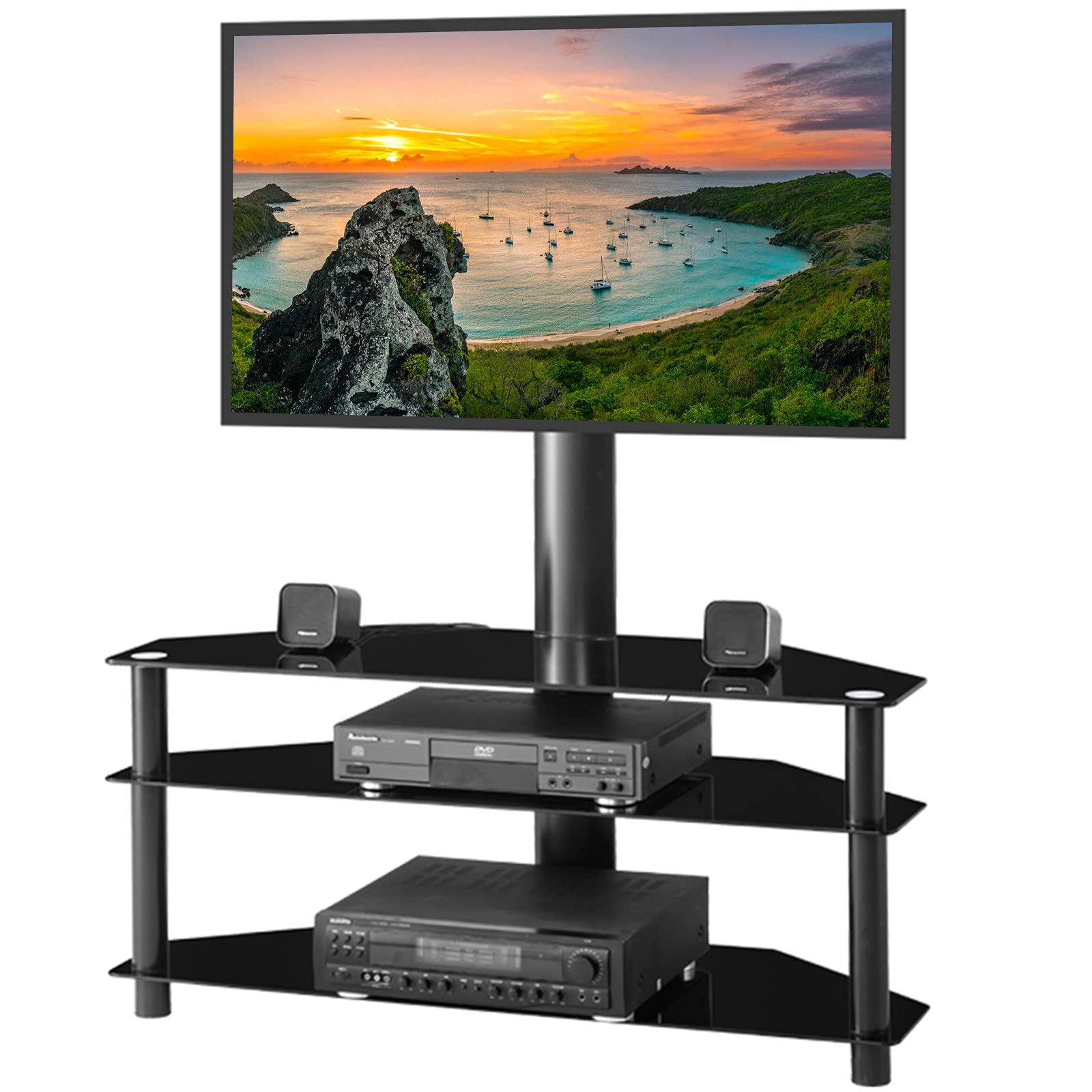 Adjustable Swivel Floor TV Stand for 32-65 Inch TVs - 3-Tier Tempered Glass Media Console with Height Adjustable Bracket - Perfect for Living Room, Bedroom & Home Theater Entertainment Setup