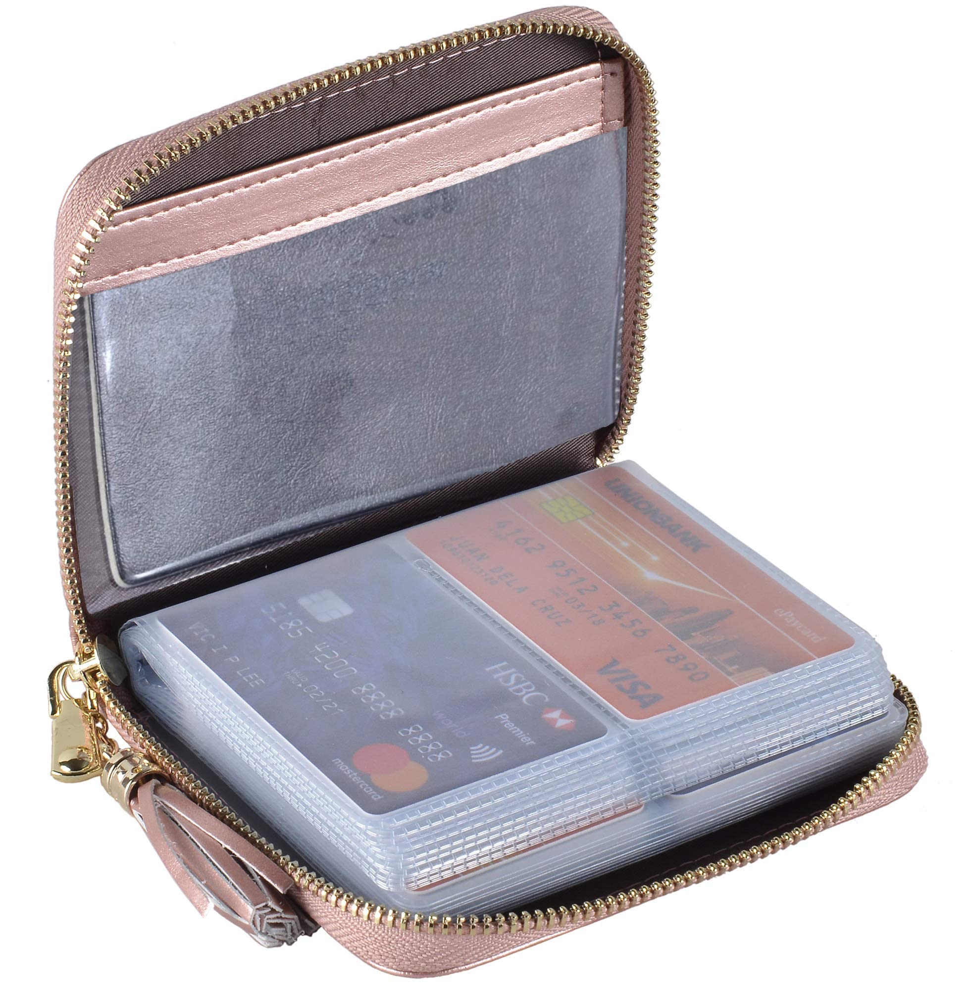 Easyoulife Women's RFID Blocking Leather Zip Credit Card Holder Wallet - Rose Gold | Slim & Secure for Travel, Shopping & Everyday Use