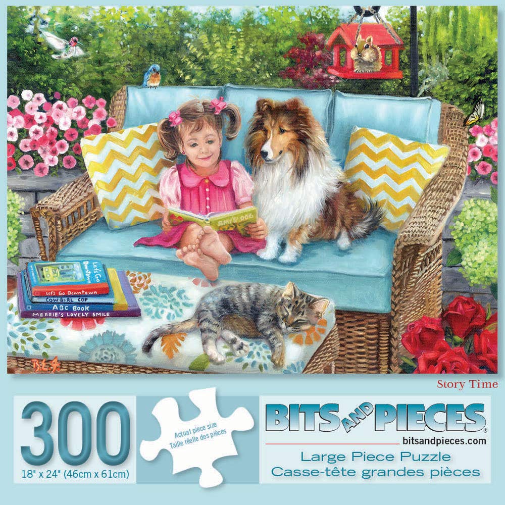 300 Piece Jigsaw Puzzle for Adults - Story Time: Dog & Cat on Patio Wicker Furniture by Artist Brooke Faulder - 18