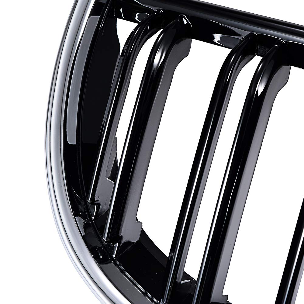 LR Glossy Black Chrome Dual Slats Front Kidney Grille for 2005-2008 BMW E90 E91 - Perfect Upgrade for Sedan & Wagon Models - Enhances Sporty Look & Front-End Protection