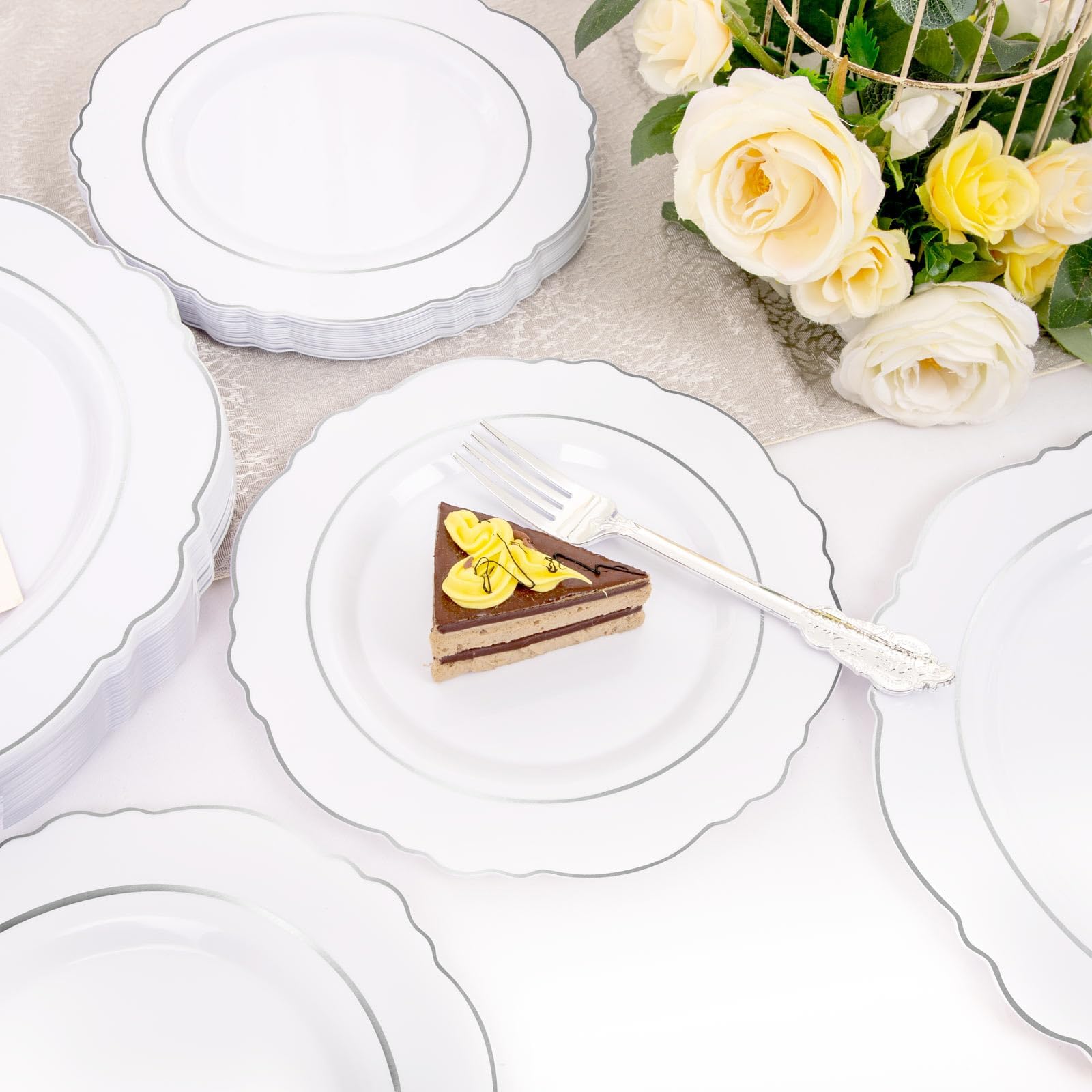 100-Piece Silver Plastic Plates Set - Elegant Baroque Design for Upscale Parties & Weddings - Includes 50 Dinner Plates (10.25