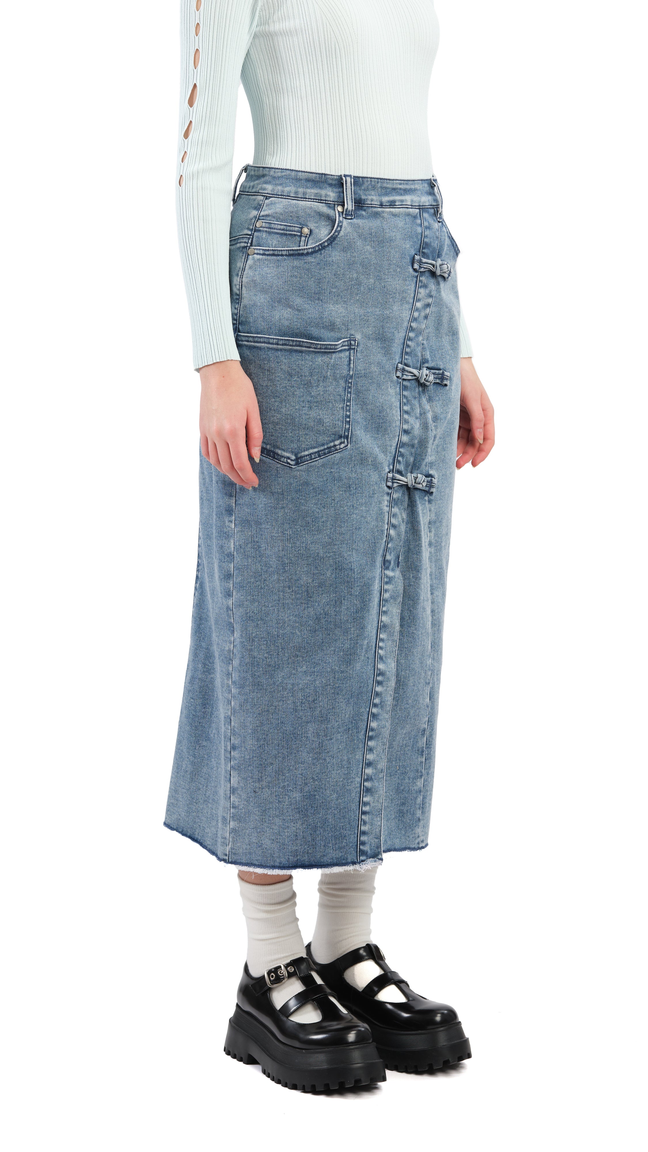 Vintage Rebuilt Denim Pencil Skirt for Women - High Waist Distressed Denim Skirt with Side Slits - Perfect for Casual Outfits, Office Wear & Date Nights