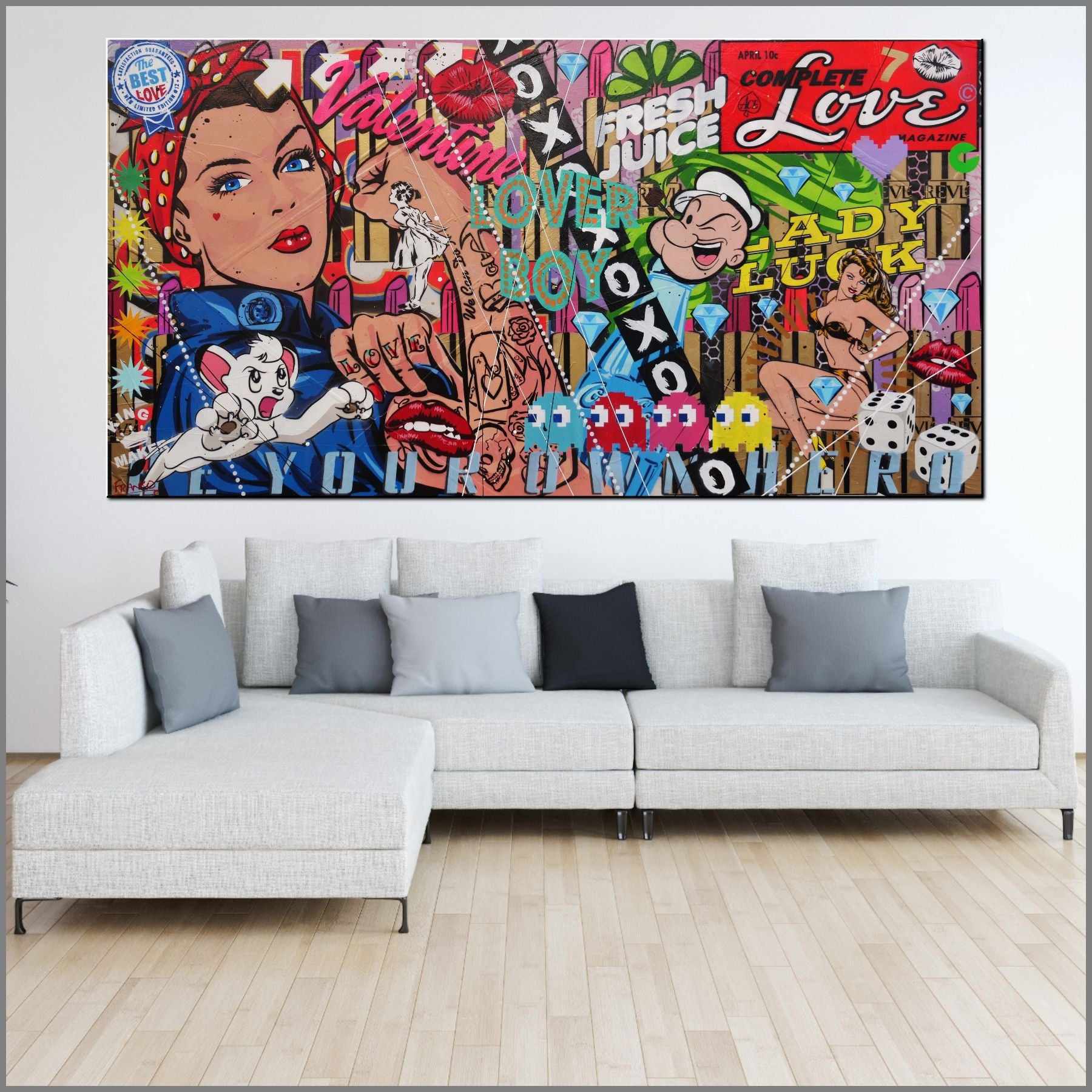 Lady Luck Rosie 190cm x 100cm Rosie The Riveter Textured Urban Pop Art Canvas Painting - Vintage Inspired Wall Decor for Living Room, Bedroom & Office