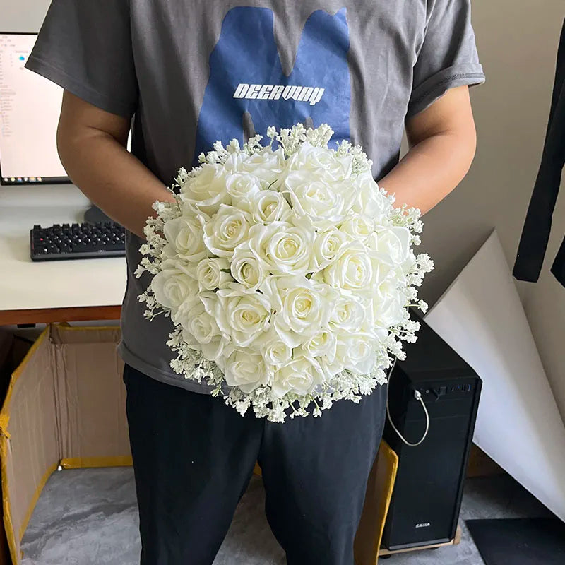 Artificial White Roses with Baby's Breath Bouquet - Elegant Bridesmaid Bouquets & Wedding Table Centerpiece Decor for Bridal Showers, Receptions, and Home Decor