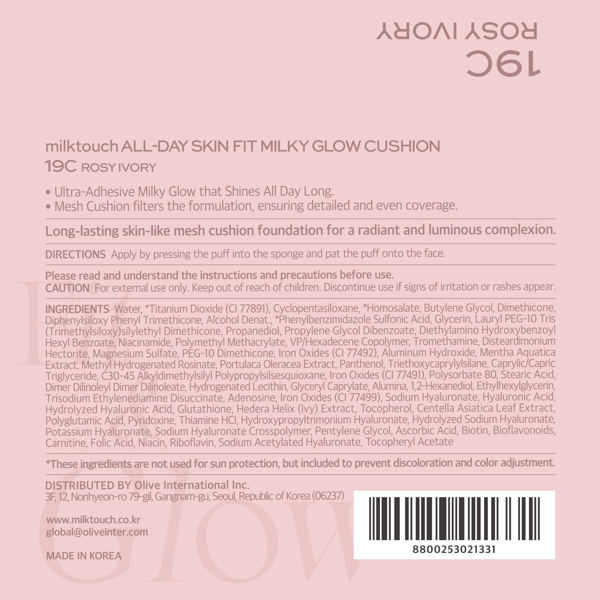 Milktouch Cushion Foundation - 24H Flawless Coverage with Radiant Finish | Korean Hydrating Makeup (60% Skincare Infused) | No Oxidation, Long-Lasting & Non-Creasing | Perfect for Daily Wear & Special Occasions Like Valentine's Day (Shade 19C Rosy Ivory)