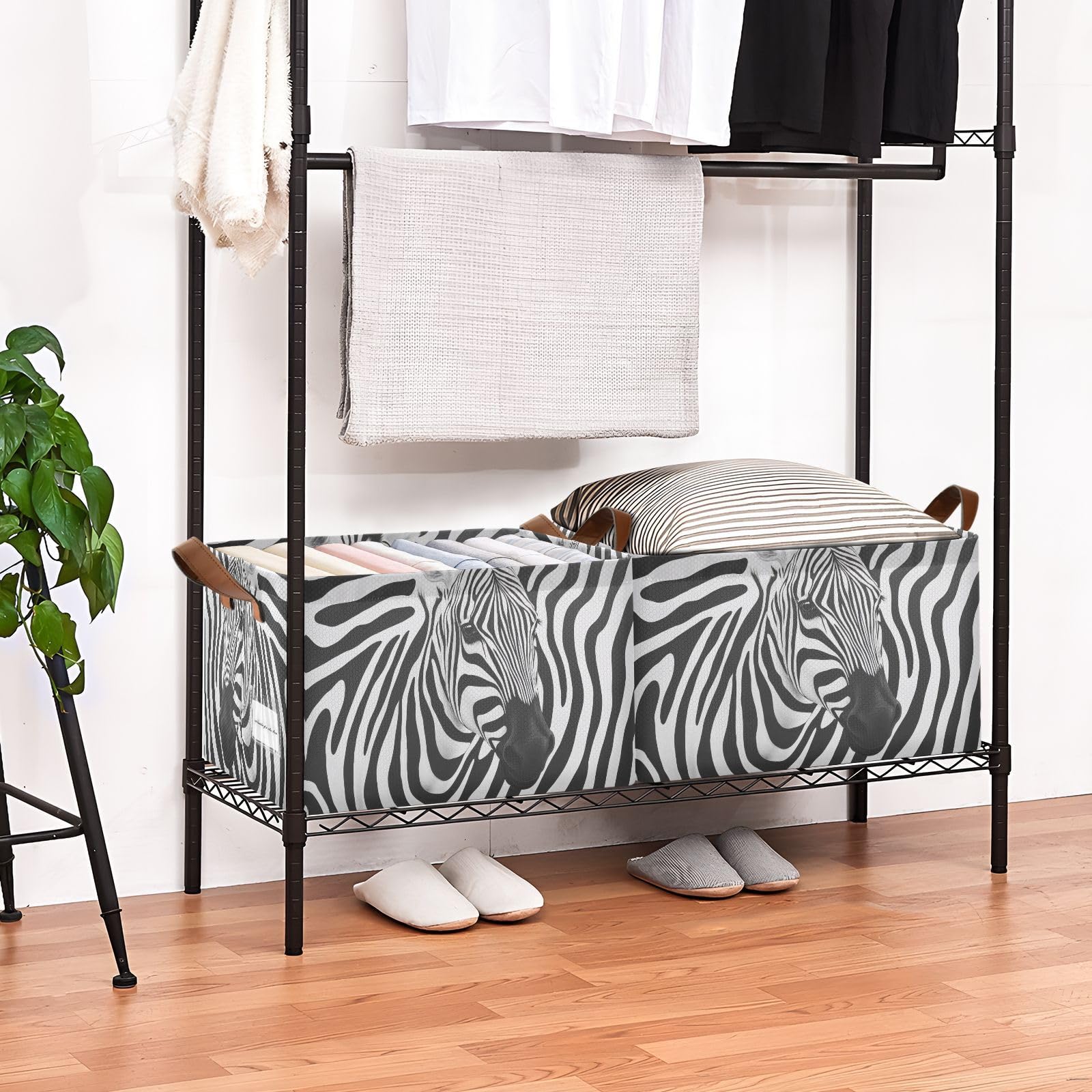 Zebra Stripe Storage Bins 2-Pack - Collapsible Organizer with Handles for Home & Closet | 32L Storage Baskets for Shelves