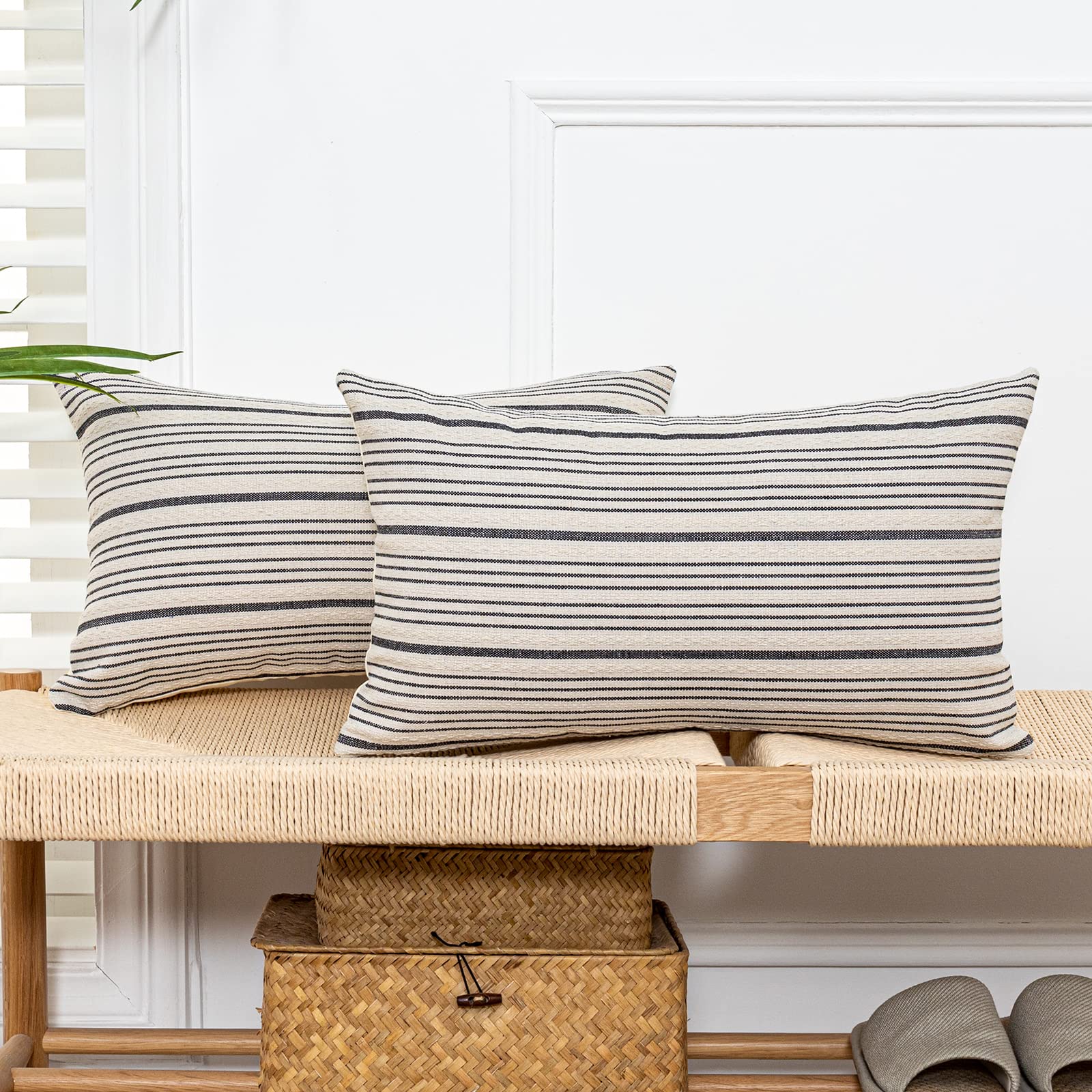 Vfuty Set of 2 Black and Cream Farmhouse Striped Linen Throw Pillow Covers 12x20 Inch - Modern Boho Decorative Pillowcase with Rustic Woven Texture for Couch, Sofa, Bed & Home Decor Accent - Perfect for Living Room, Bedroom & Cozy Farmhouse Style