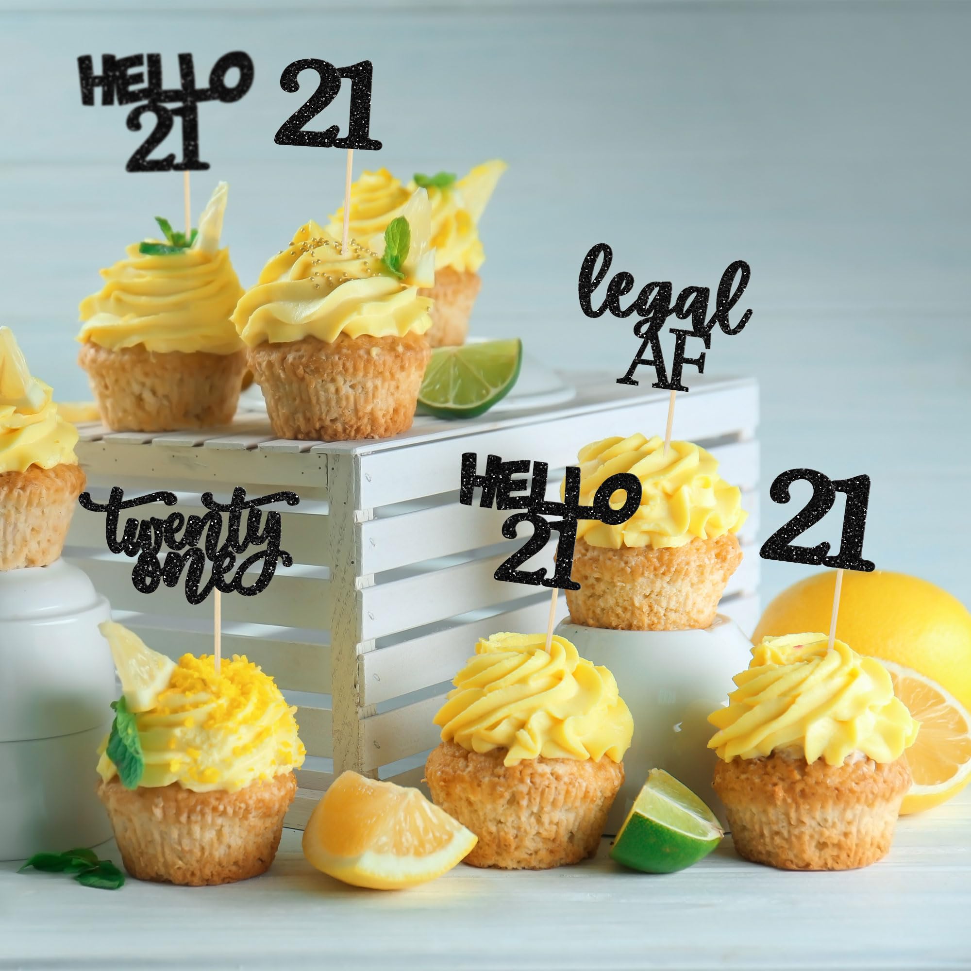 24Pcs Black Glitter 21st Birthday Cupcake Toppers - Legal Age Cake Decorations for 21st Birthday Party, Hello 21 Cupcake Picks - Perfect for Birthday Cakes, Cupcakes and Dessert Table Decorations