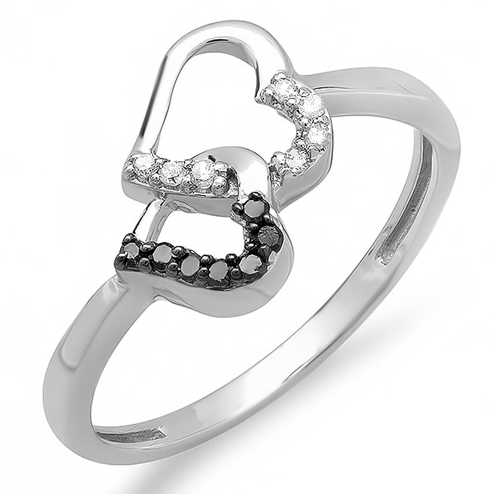 Dazzlingrock Collection 0.15 Carat 10K White Gold Black & White Diamond Double Heart Promise Ring for Women - Perfect for Engagement, Anniversary & Valentine's Day Gifts