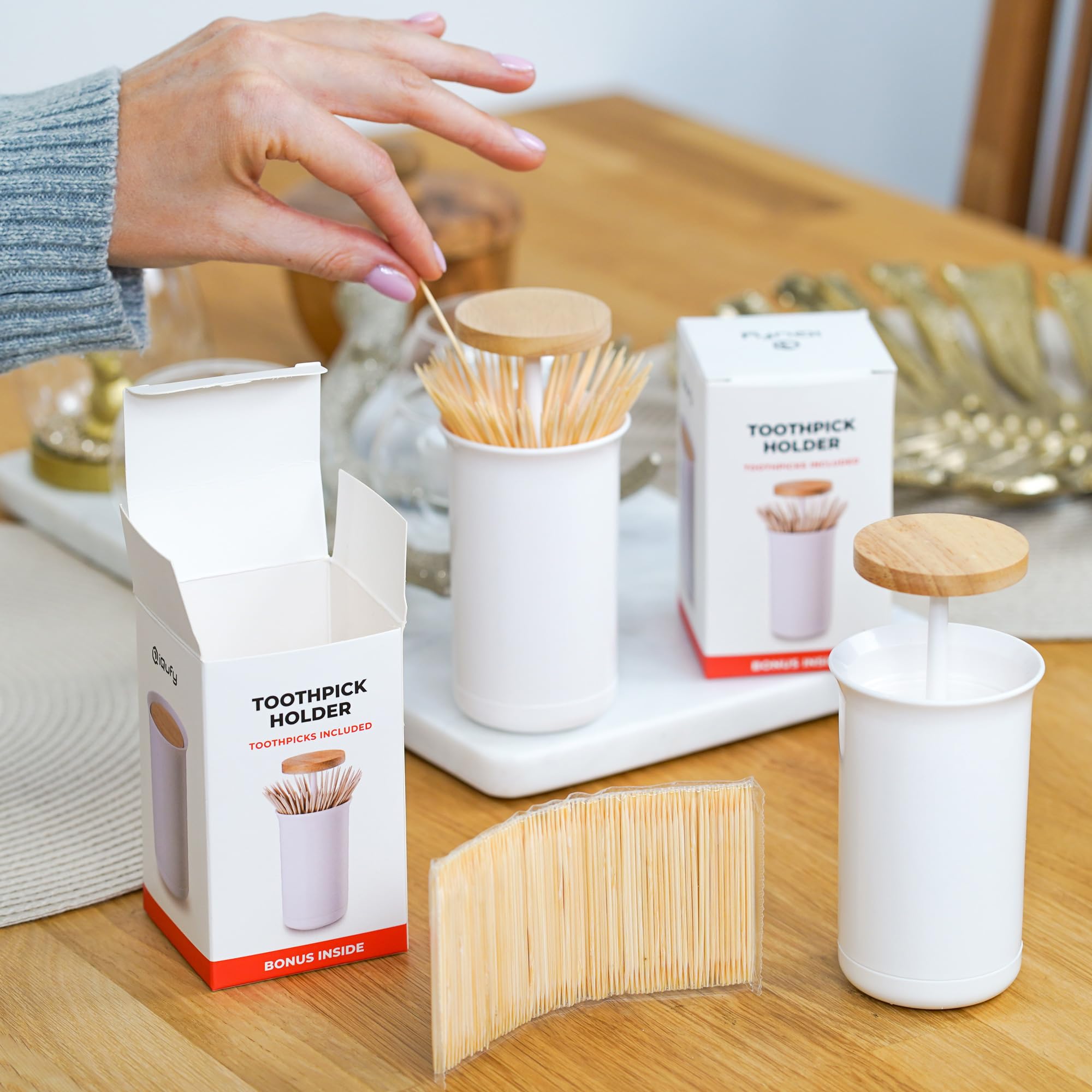 Automatic Pop-Up Toothpick Dispenser with Bamboo Toothpicks - Compact Toothpick Holder for Kitchen, Dining Table & Office Use