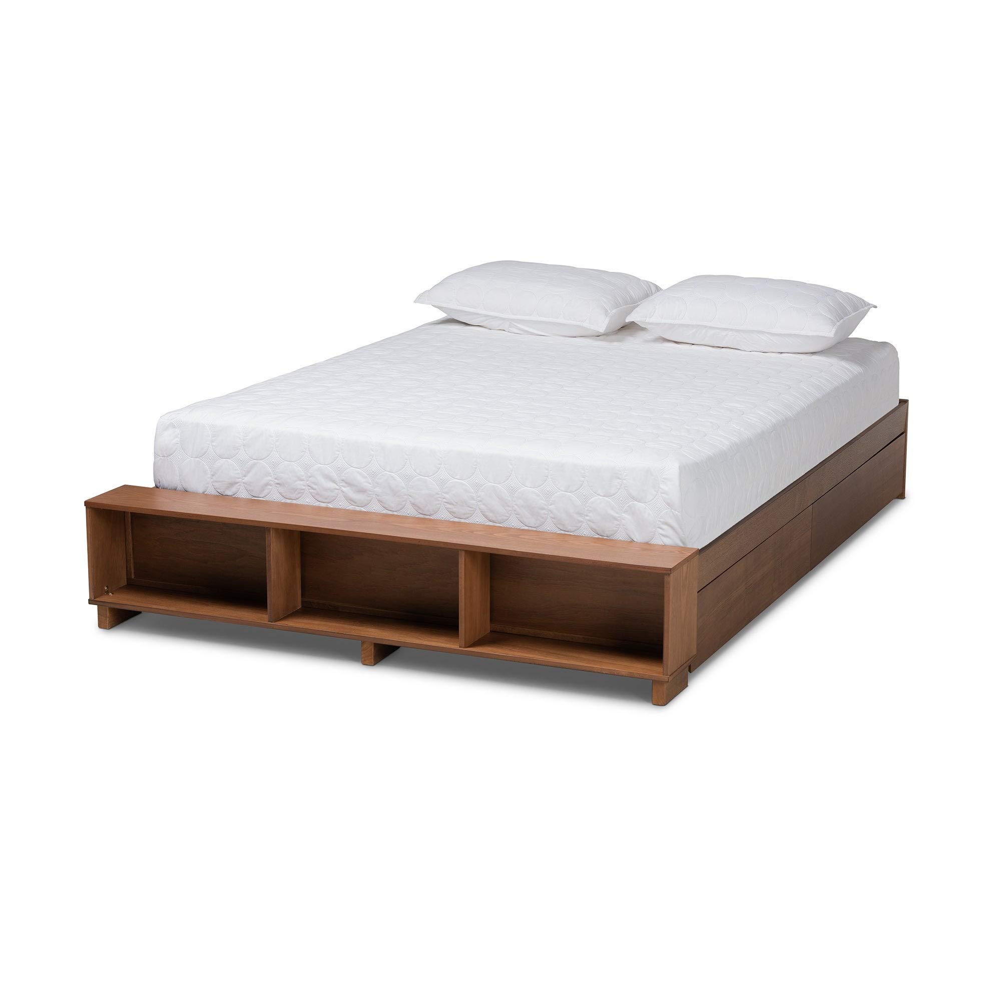 Modern Rustic Ash Walnut Brown Wood Platform Bed with Storage Shelves - Full Size Bed Frame with Hardware Included | Perfect for Small Bedrooms, Guest Rooms & Loft Spaces
