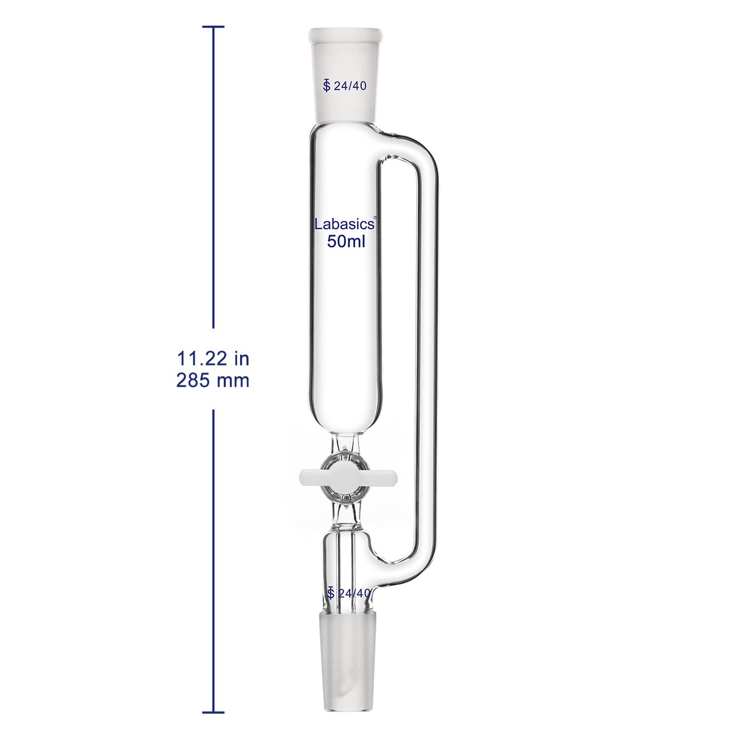 Labasics 50ml Pressure Equalizing Addition Funnel, Borosilicate Glass Dropping Funnel with 24/40 Joint & PTFE Stopcock - Ideal for Precise Liquid Transfer in Chemistry Labs, Distillation, and Titration Experiments