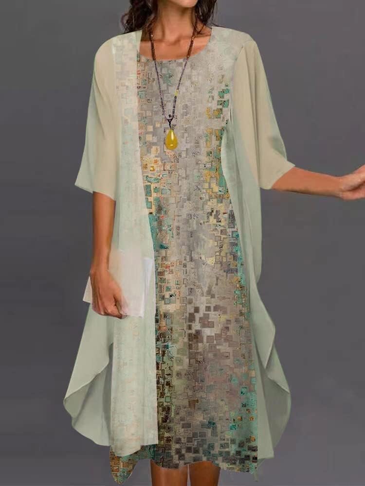 Women's Floral Chiffon Two-Piece Dress - Summer Casual Crew Neck Midi Dress with Flowy Irregular Hem - Perfect for Wedding Guest, Garden Party & Vacation Outfits