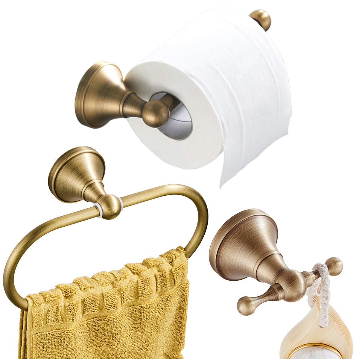 Flybath 3-Piece Bathroom Set - Toilet Paper Holder, Towel Ring & Hook in Antique Brass for Wall Mounting