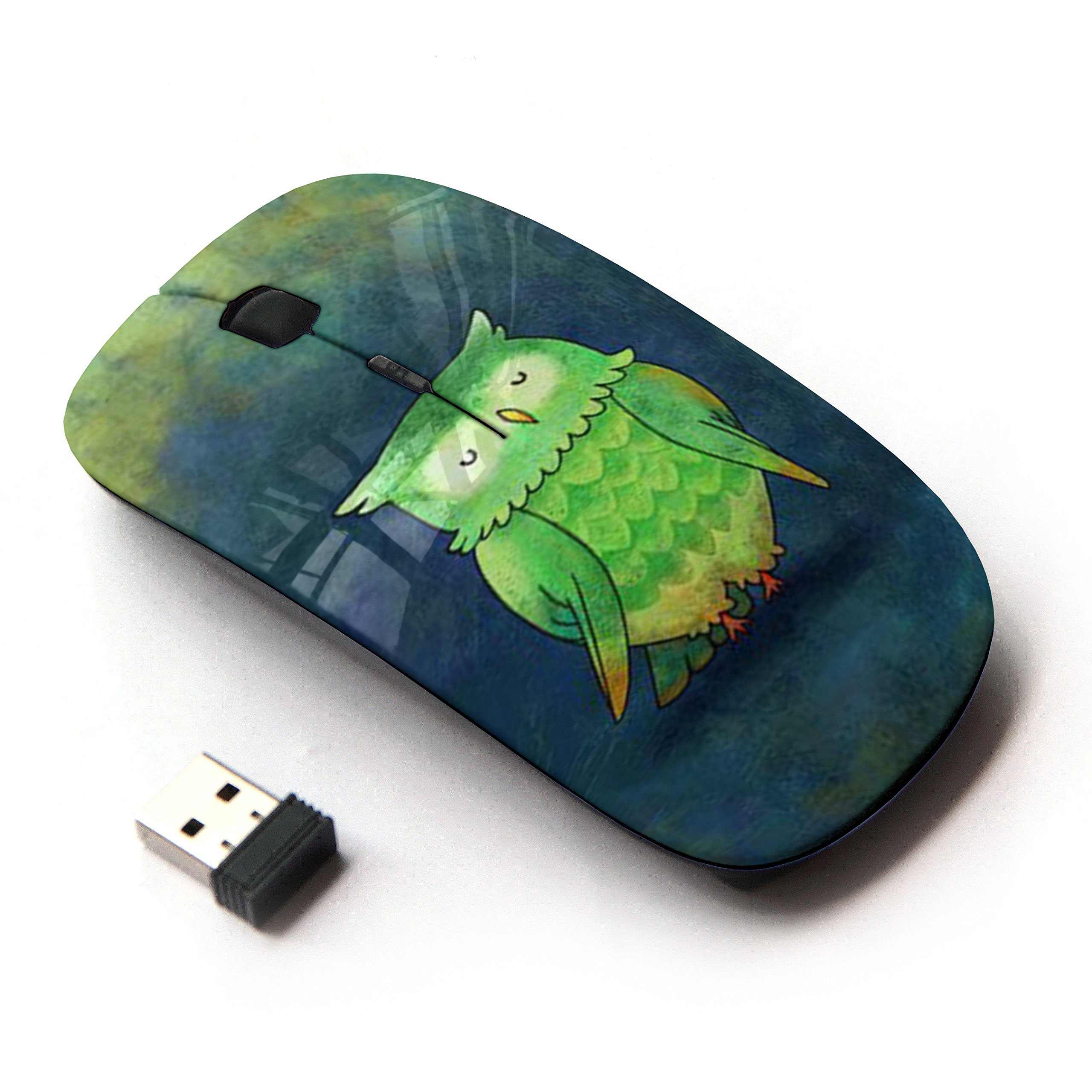 2.4G Wireless Mouse with Owl Green Teal Blue Watercolor Design - Ergonomic Optical USB Mouse for Laptop, PC, Mac - Perfect for Office, Home & Gaming Use