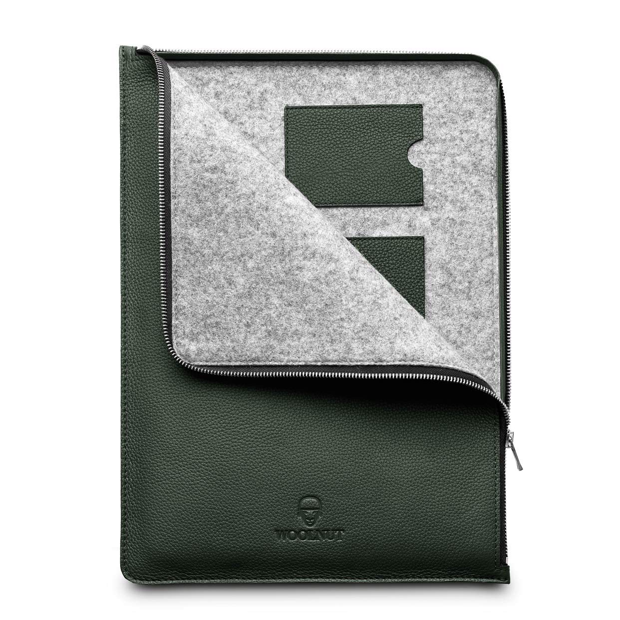 Premium Leather & Wool Folio Zipper Sleeve Case for Dell XPS 15 2020 (9500) & MacBook Pro 15 Inch - Green (WNUT-MBP15-F-393-GN) | Protective Laptop Cover for Work, Travel & School