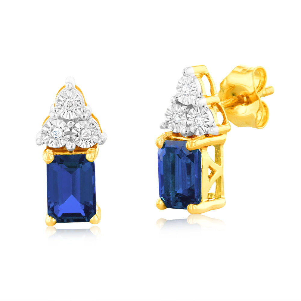 9ct Yellow Gold 6mm Lab-Created Sapphire & Diamond Stud Earrings for Women - Perfect for Weddings, Anniversaries & Special Occasions