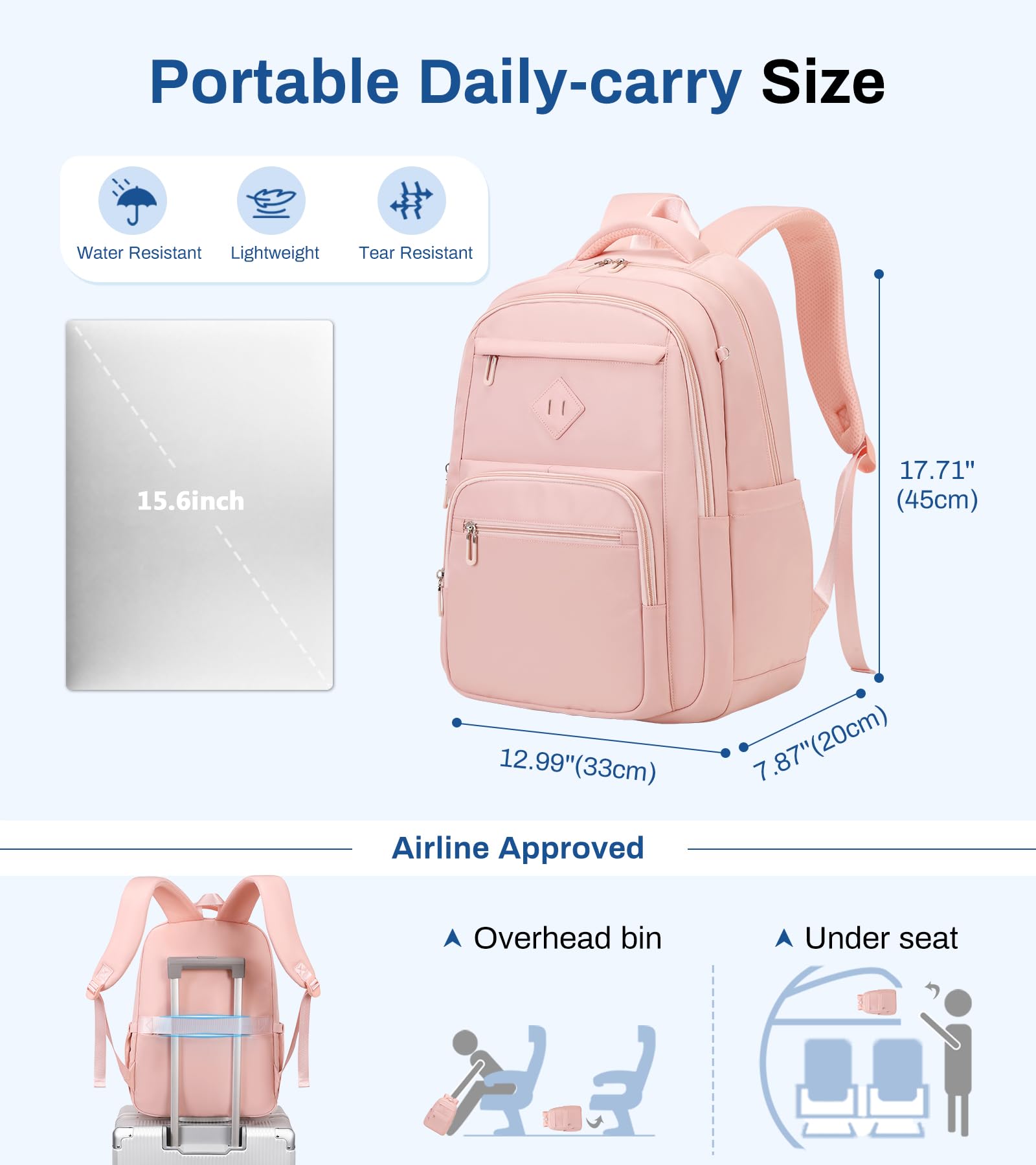 Lightweight Girls School Backpack for Teens - Pink Bookbag with Luggage Strap for College & Travel (Ages 8-18) | Perfect for School, Commuting & Weekend Getaways