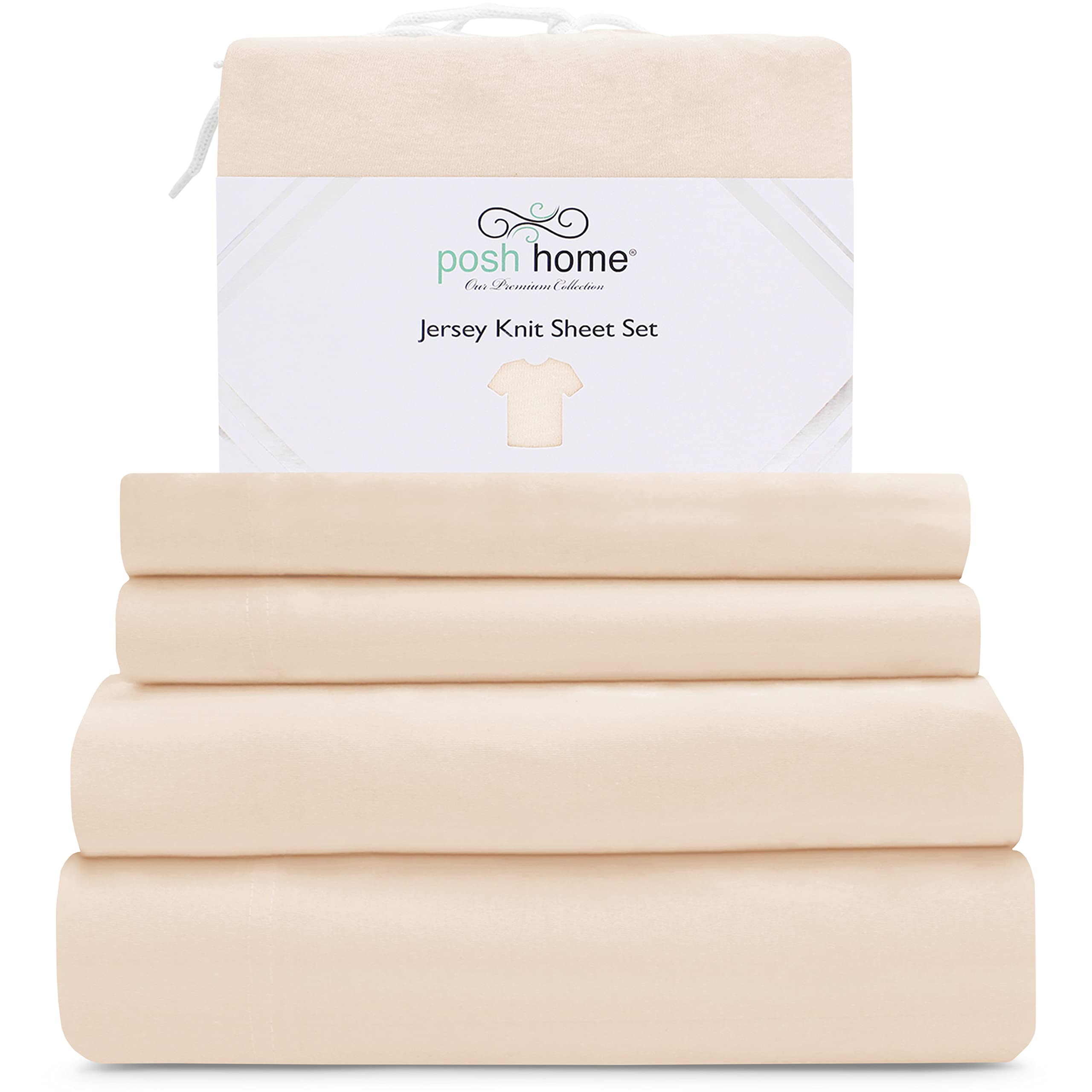Posh Home Jersey Knit Sheet Set - 3-Piece Soft & Breathable Cotton Jersey Bed Sheets for Twin Bed - Includes Flat Sheet, Fitted Sheet & Pillowcase in Ivory - Perfect for Cozy Nights & Guest Bedrooms