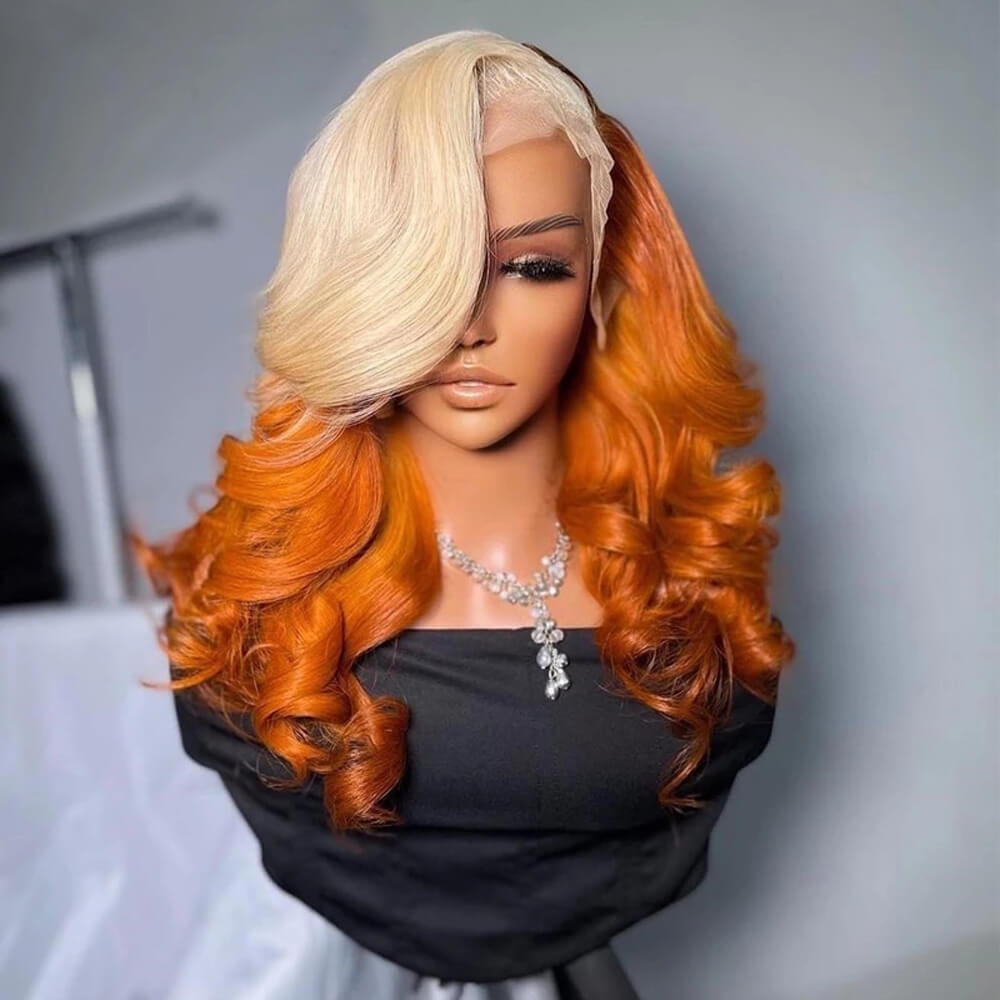 Eullair Ombre Blonde Ginger Body Wave Human Hair Lace Frontal Wig - Natural Looking 13x4 Lace Front Wig for Women, Heat Resistant Synthetic Hair for Daily Wear & Cosplay