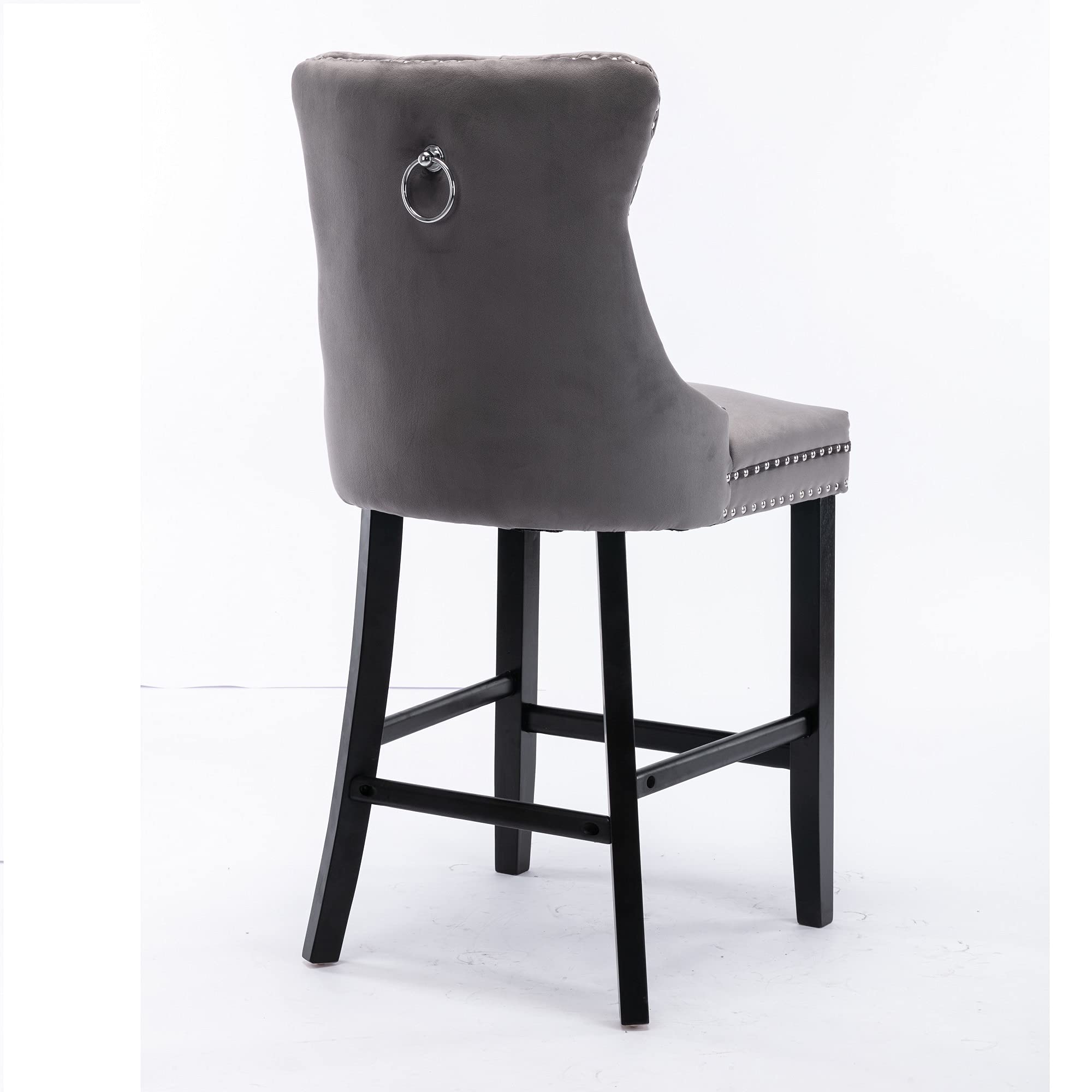 Luxury Velvet Fabric Dining Bar Chairs - Tufted Back with Nailed Trim & Ring Pull - Armless Counter Height Chairs for Kitchen & Home - Solid Rubber Wood Legs - Set of 2 Grey Bar Stools - Perfect for Breakfast Nook, Kitchen Island & Small Space Dining