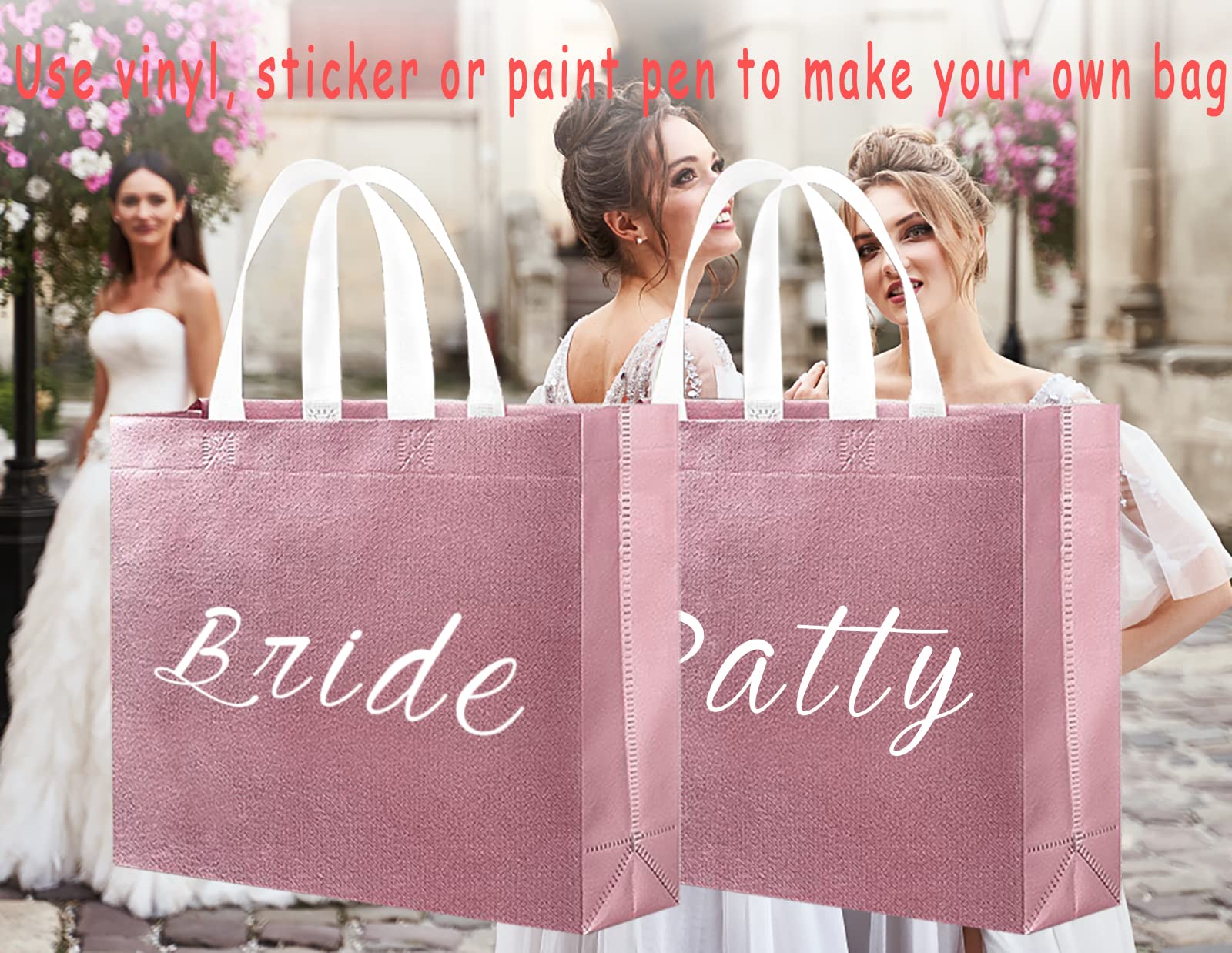 5-Pack Glossy Reusable Shopping Totes with Handles - Eco-Friendly Grocery Bags for Women, Bridesmaid Gifts, Bachelorette Parties, Weddings, Birthdays, Mother's Day & Christmas - Rose Gold Non-Woven Gift Bags for Everyday Use, Grocery Shopping & Special Occasions