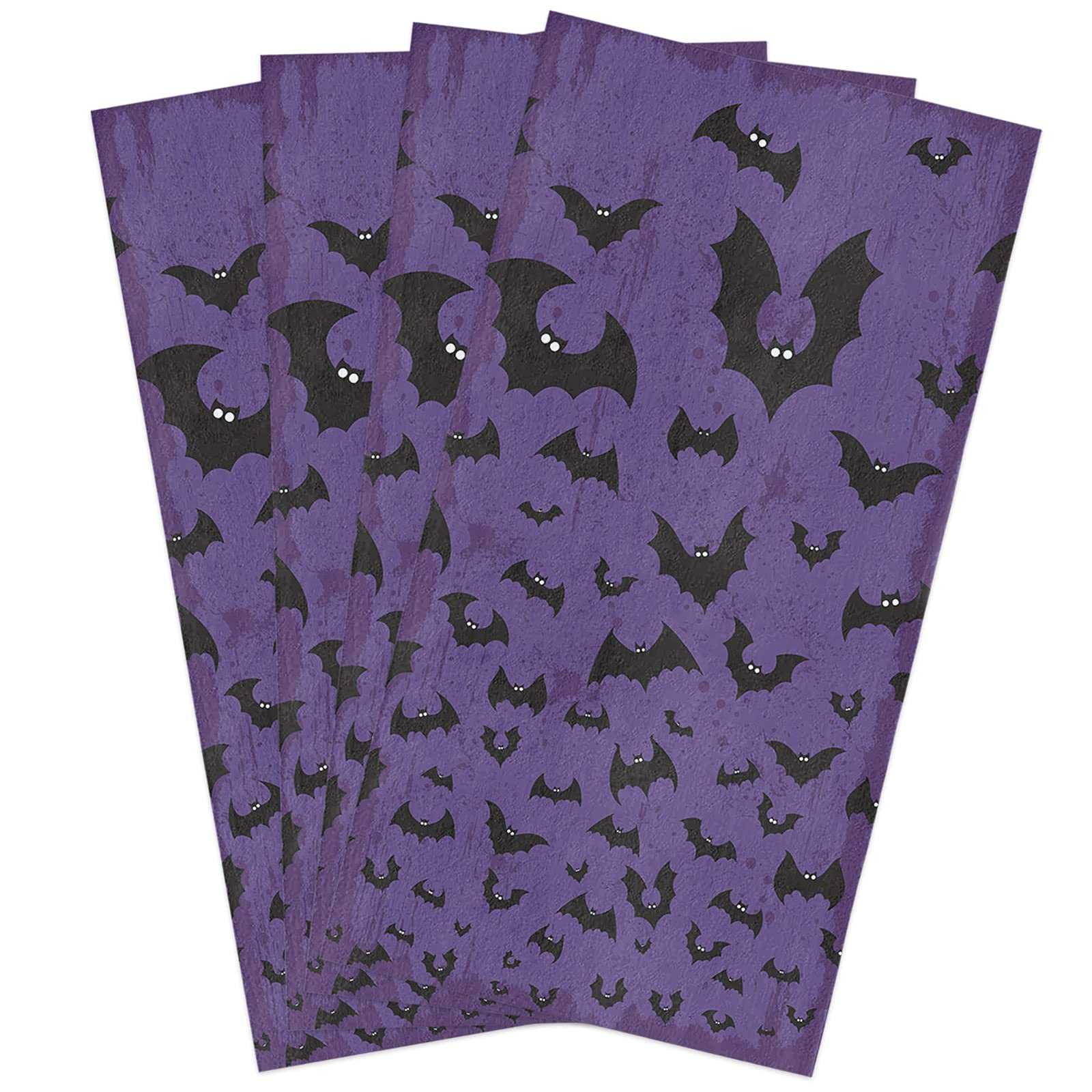 Happy Halloween Bats Purple Kitchen Towels Set - 16x28 Inches Soft Cotton Dish Cloths, Tea Towels & Hand Towels (4 Pack) - Perfect for Halloween Decor, Kitchen Cleaning & Bar Use