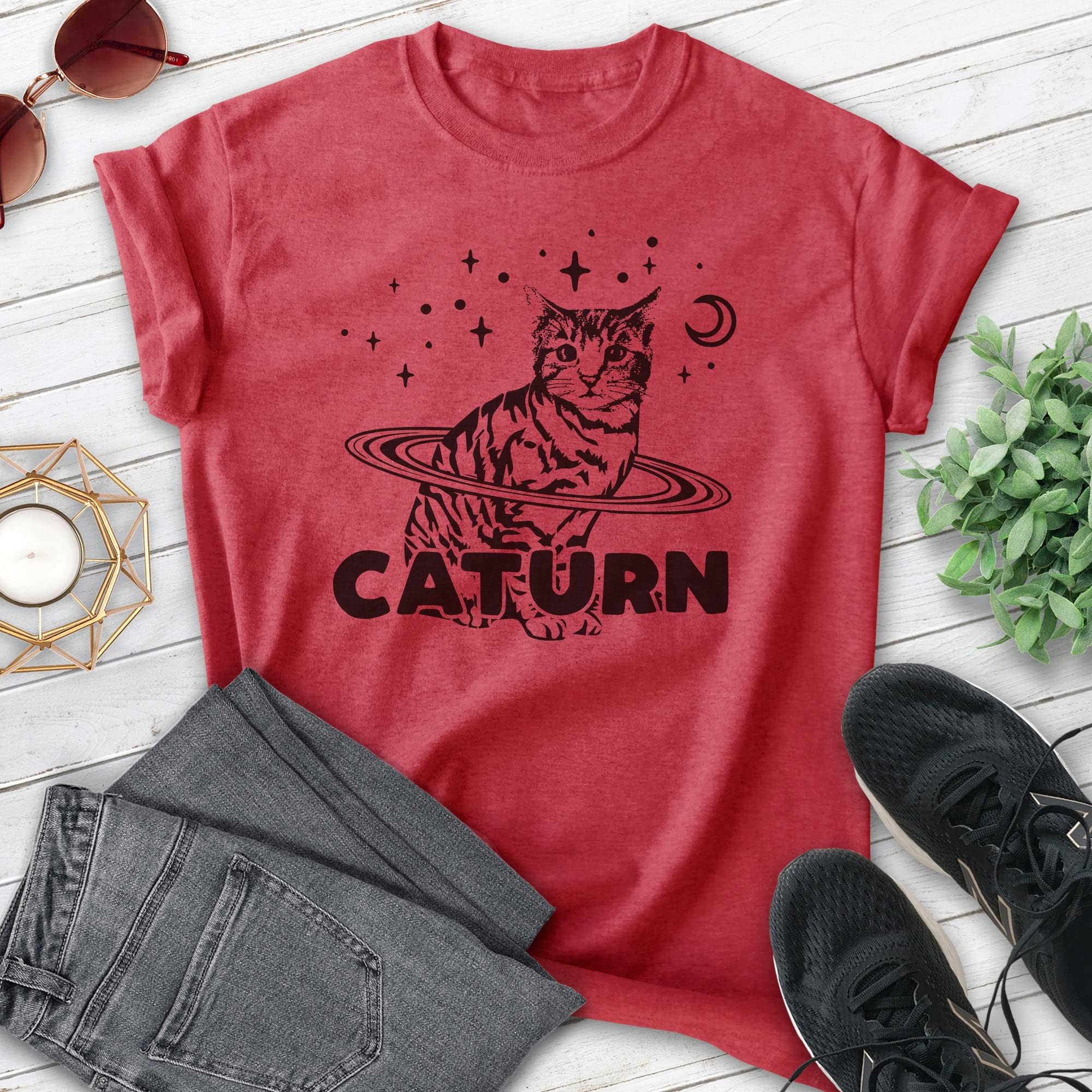 EVERTREE CLOTHING Caturn Graphic T-Shirt - Unisex Cat Lover Tee with Cute Kitten Design for Men & Women | Perfect Gift for Cat Owners, Casual Wear & Animal Theme Parties