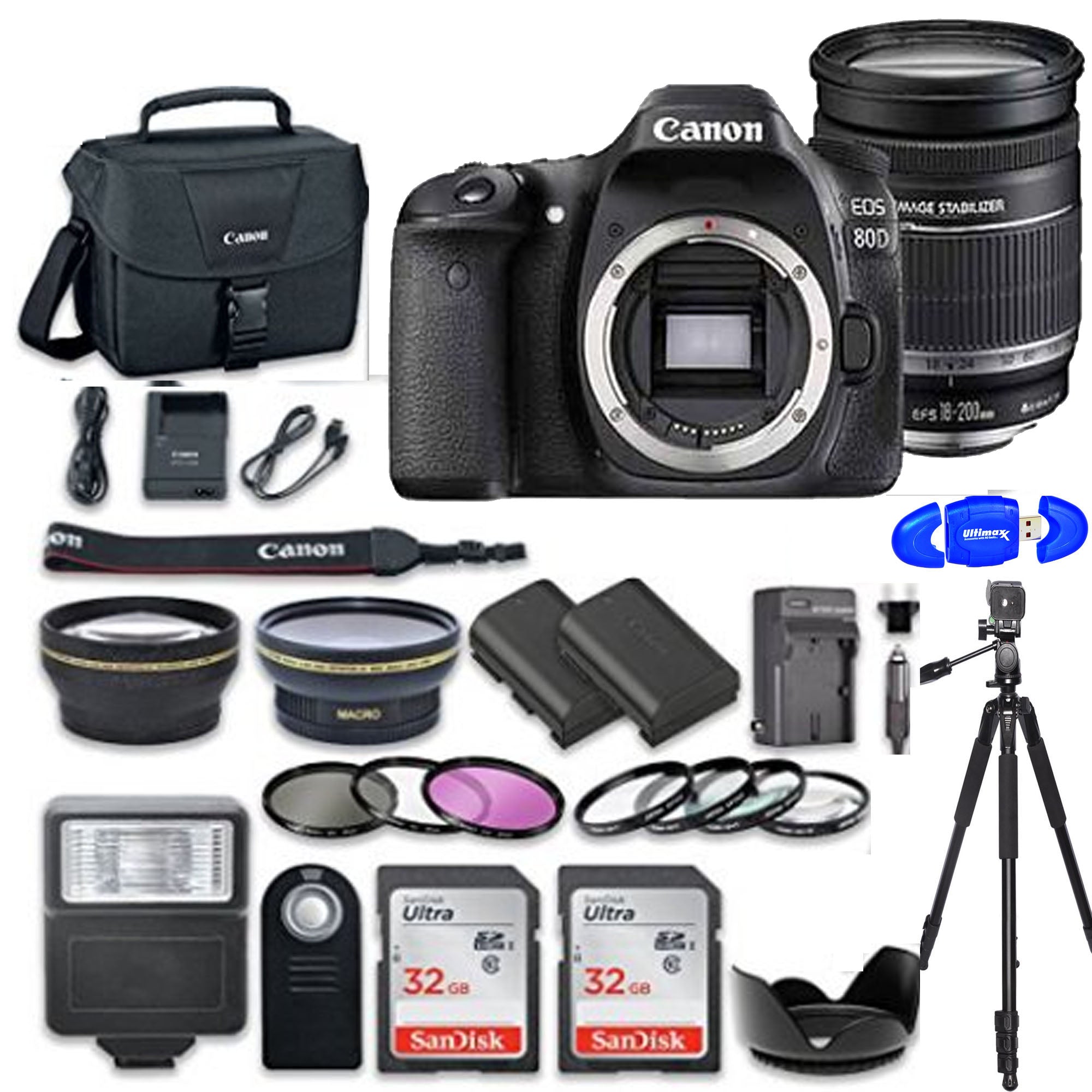 Canon EOS 80D DSLR Camera with 18-200mm IS Lens Kit - Includes 2x SanDisk 32GB Memory Cards, Tripod & Accessories Bundle - Perfect for Travel Photography, Vlogging & Professional Shooting