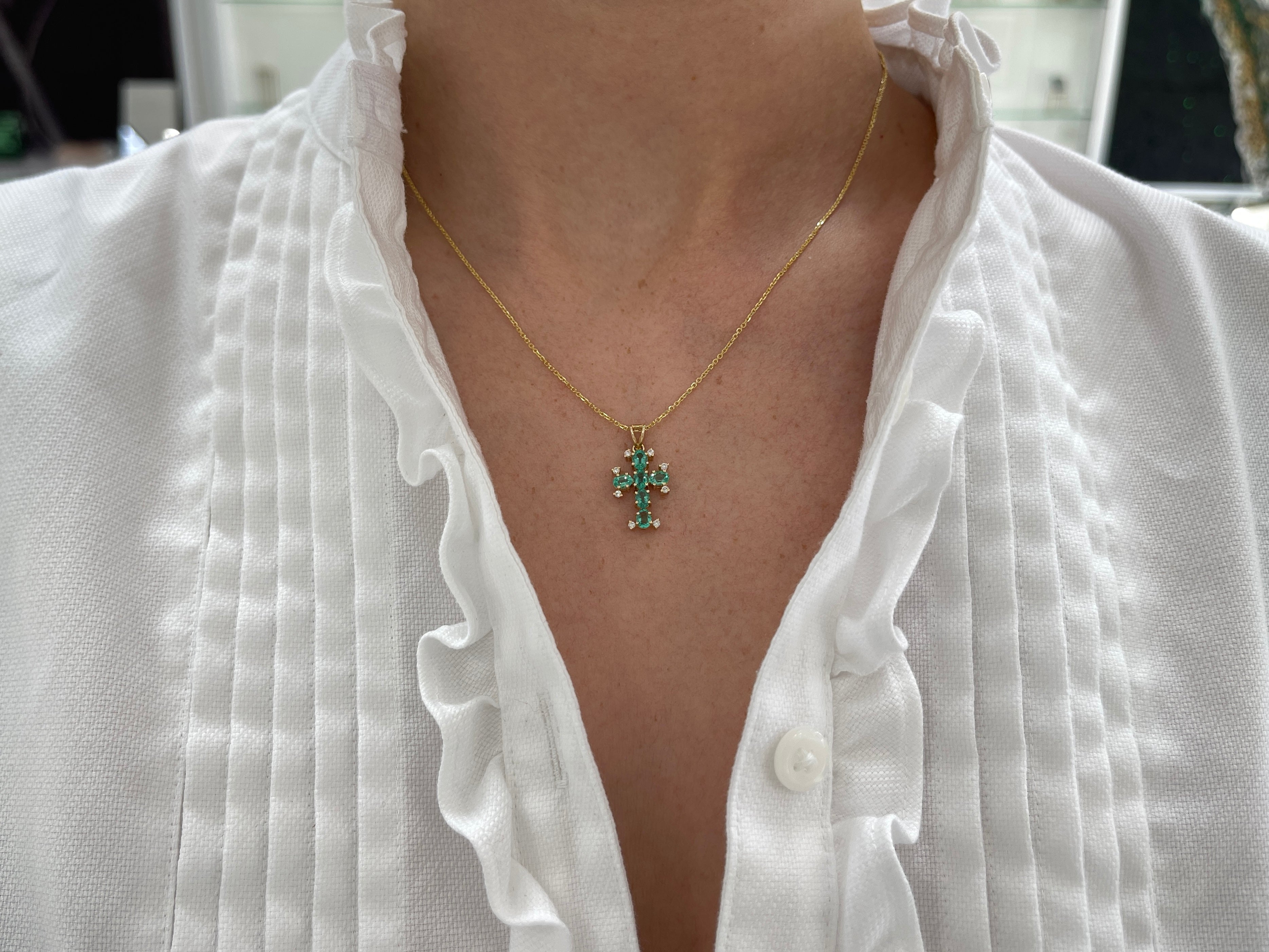1.05tcw Oval Emerald & Diamond Cross Pendant in 14K Gold - Elegant Jewelry Gift for Women, Perfect for Christmas, Birthday & Anniversary Celebrations