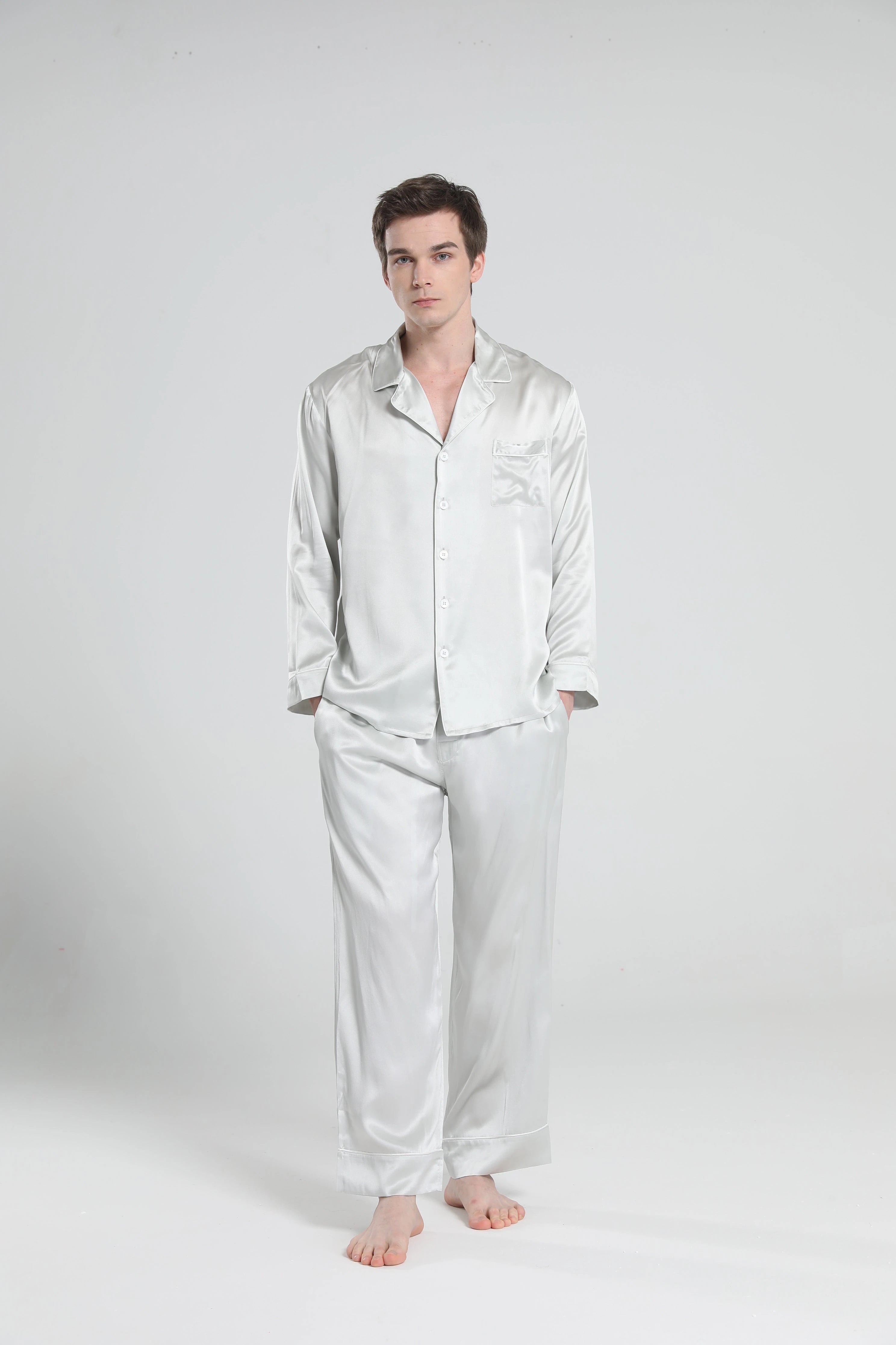 Premium Men's Silk Pajama Set with Lapel Collar - Soft & Breathable Sleepwear for Lounge & Travel - Perfect for Home Relaxation & Hotel Stays